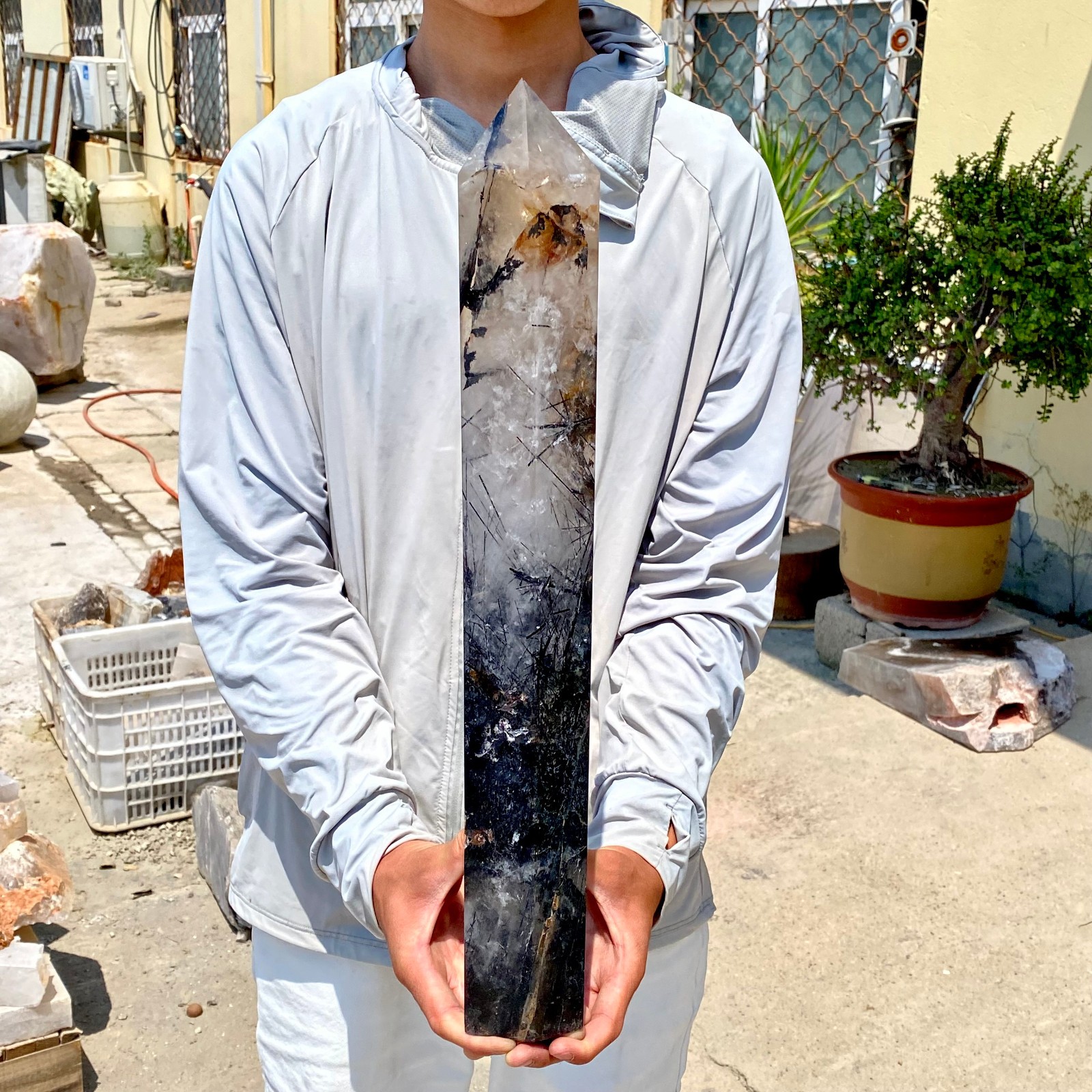 11LB Natural black hair and white crystal symbiotic aura gem mineral point