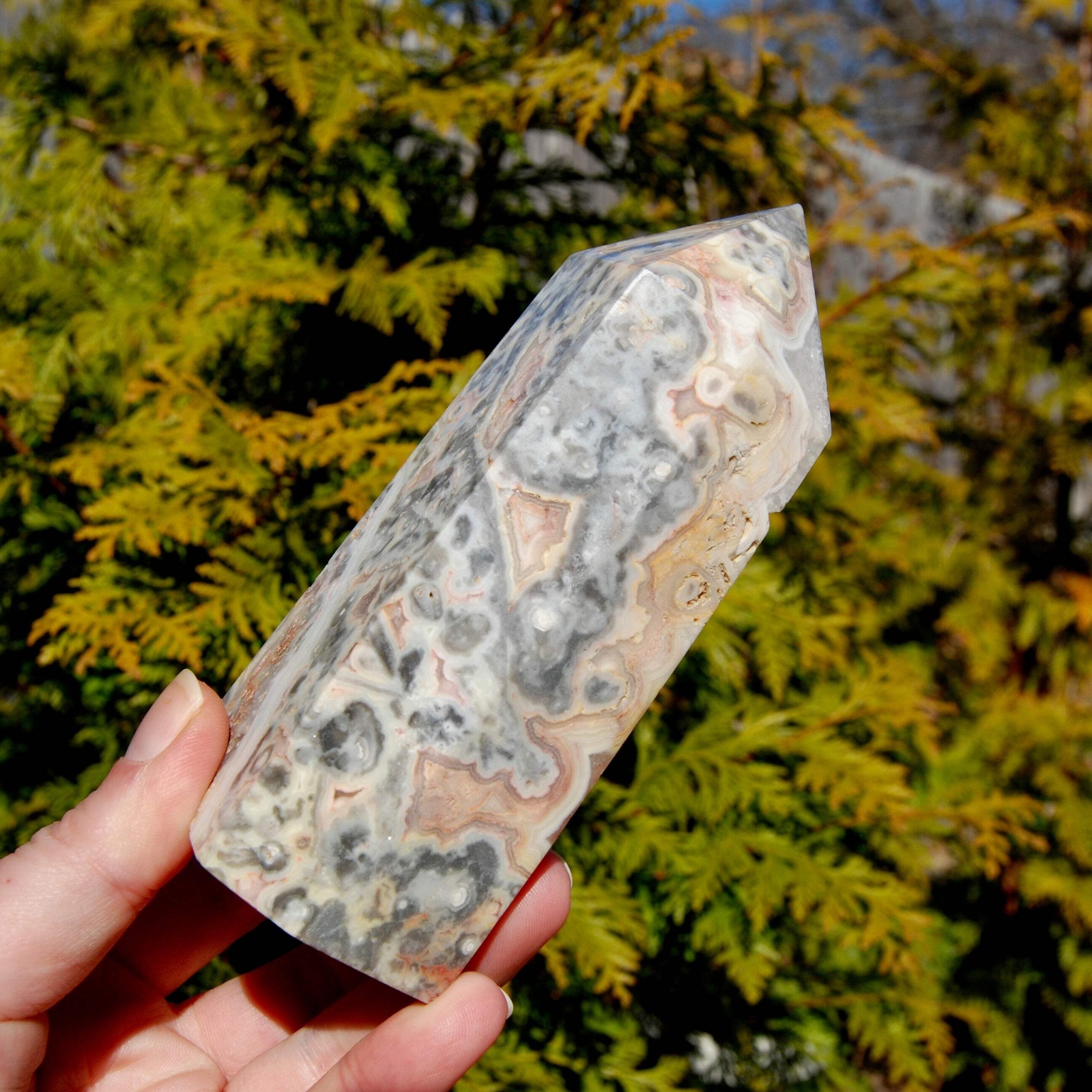 5.25in 1.2lb Pink Crazy Lace Agate Crystal Tower, Mexico