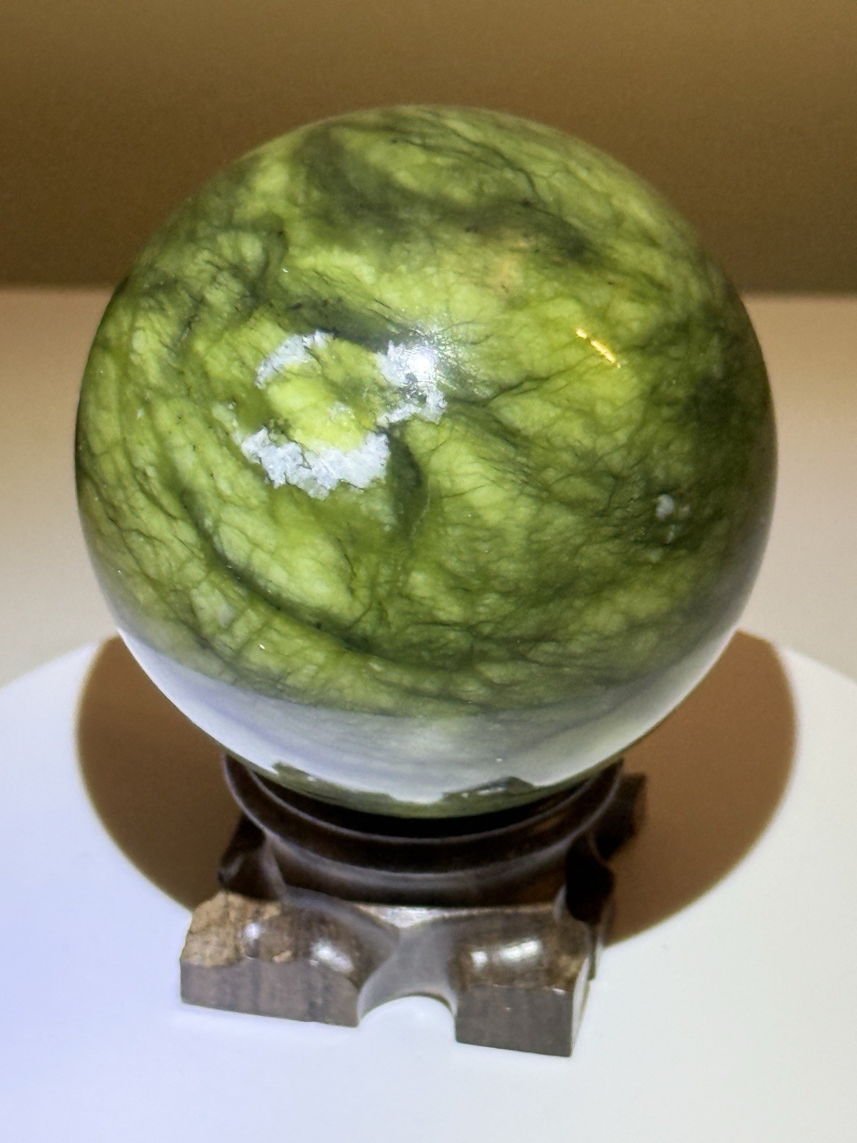 STUNNING Polished Nephrite Jade Sphere w/ Wooden Stand