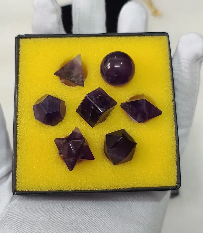 Natural Purple Amethyst Platonic solids set 7 Pieces, With Premium Box.