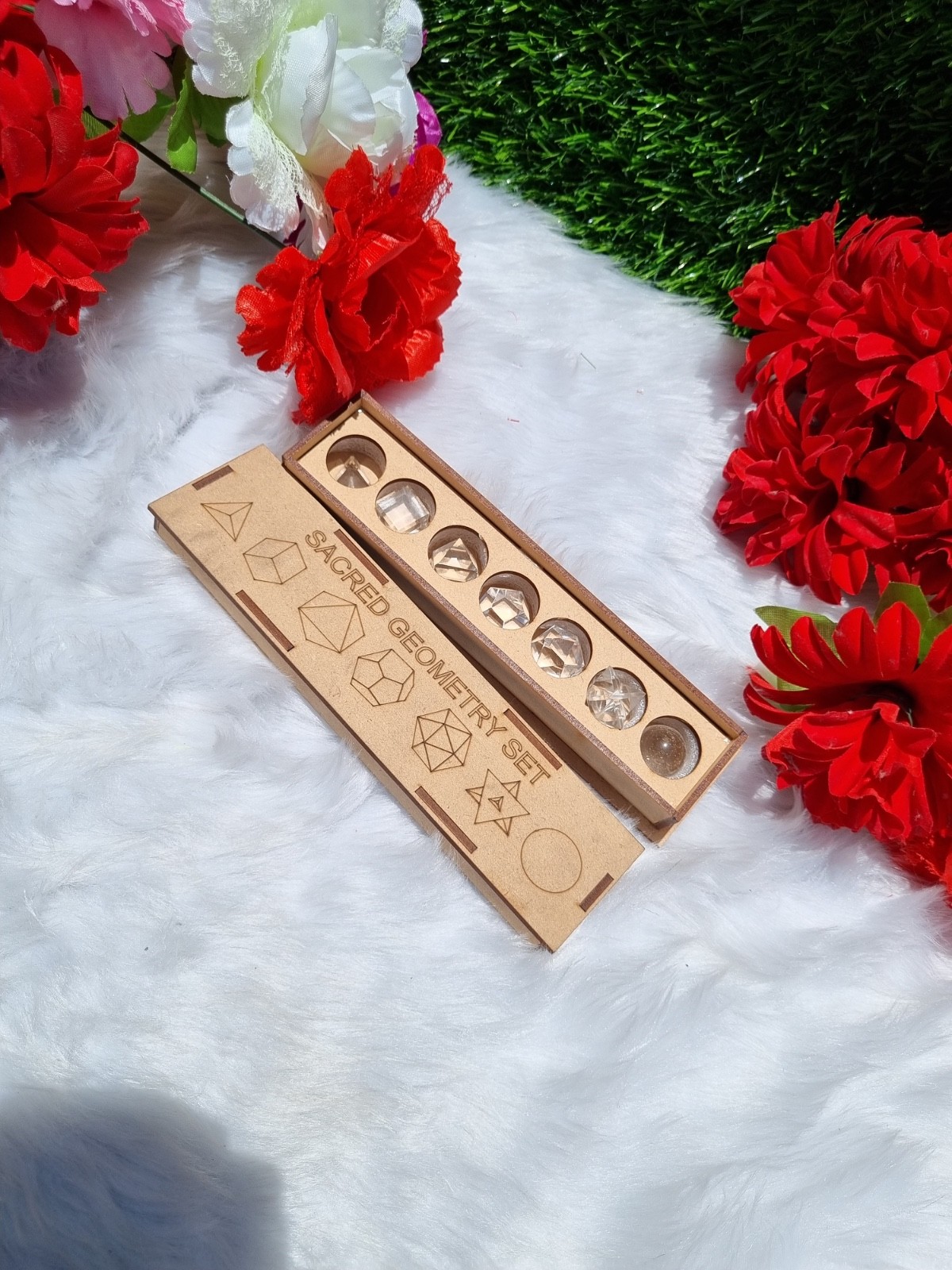 7-Piece Sacred Geometry Crystal Set, Natural Clear Quartz, Energy Healing Grid.