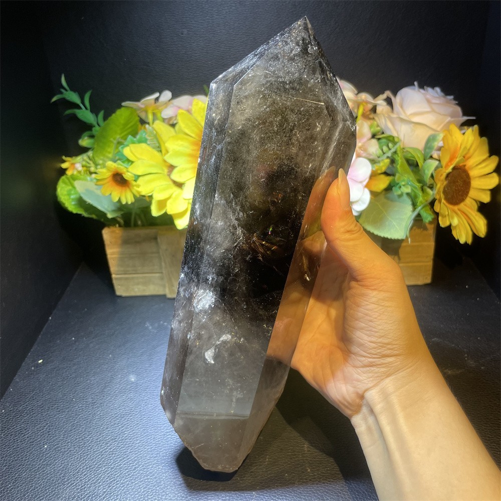 5.5LB 10.6″ A++Natural Smoky Quartz Obelisk Tower Quartz Crystal Energy +Stand