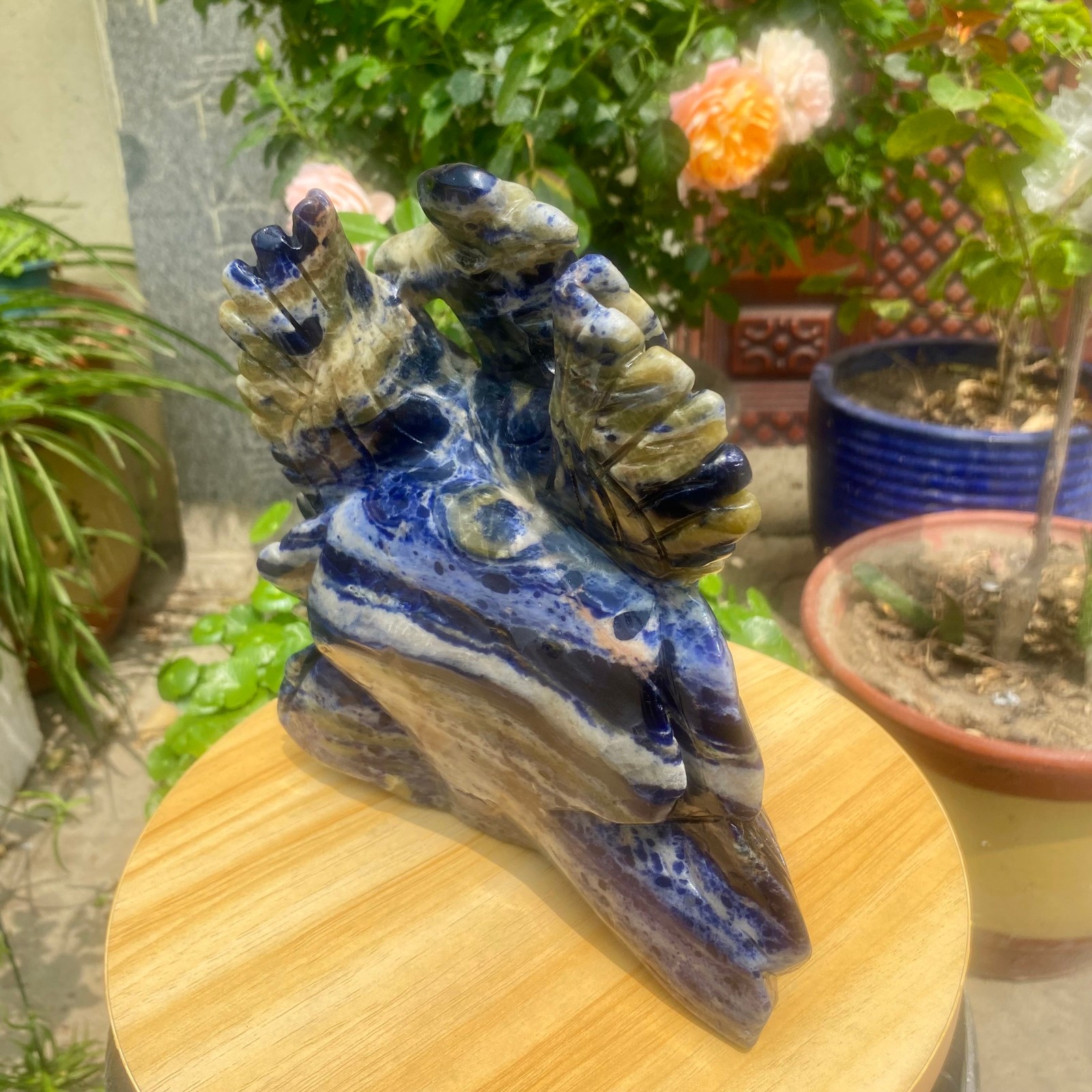 6.61LB Natural Blue Vein Stone Phoenix Carving, Home Decoration