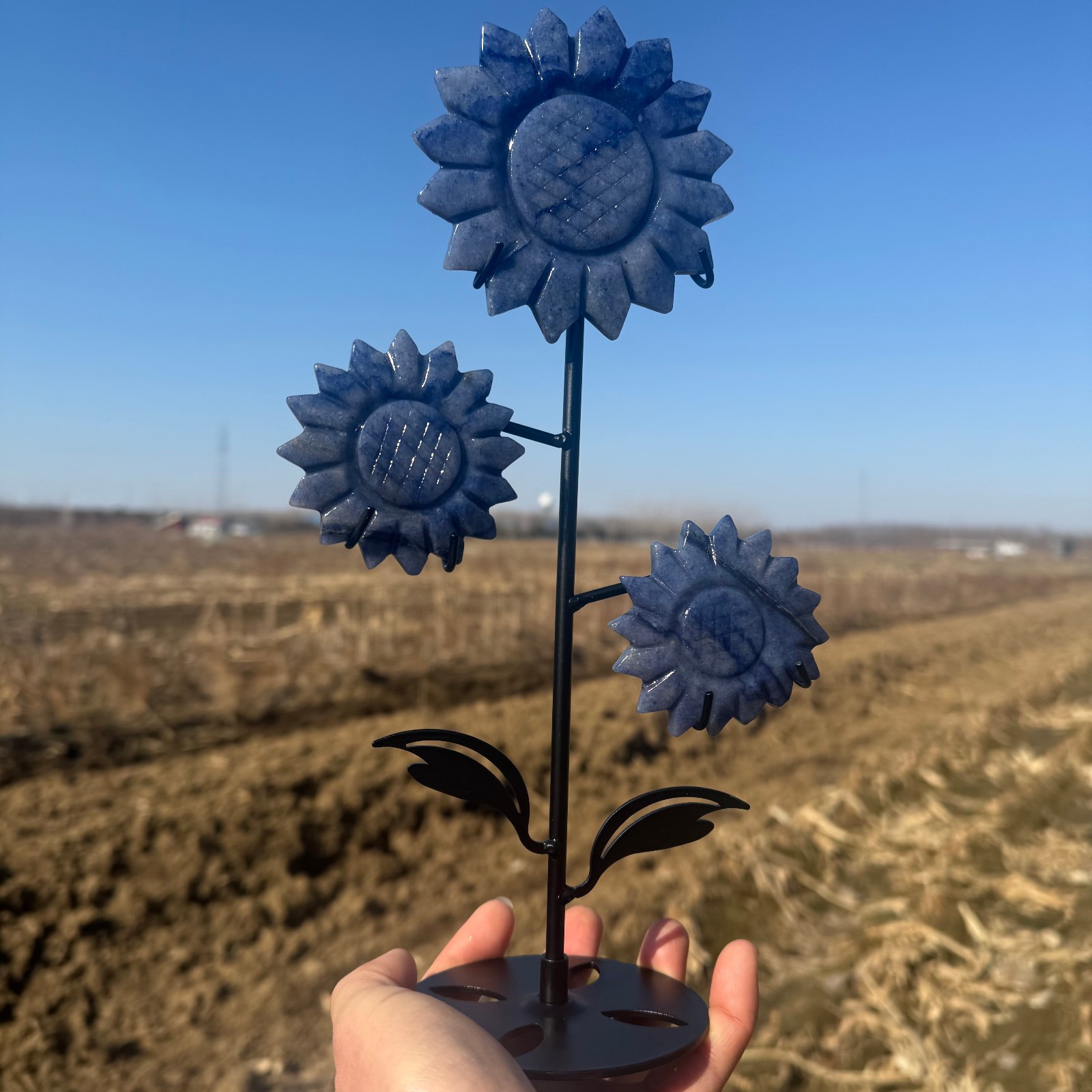 400g Natural Blue Dongling quartz crystal carved Sunflower Decor Gift