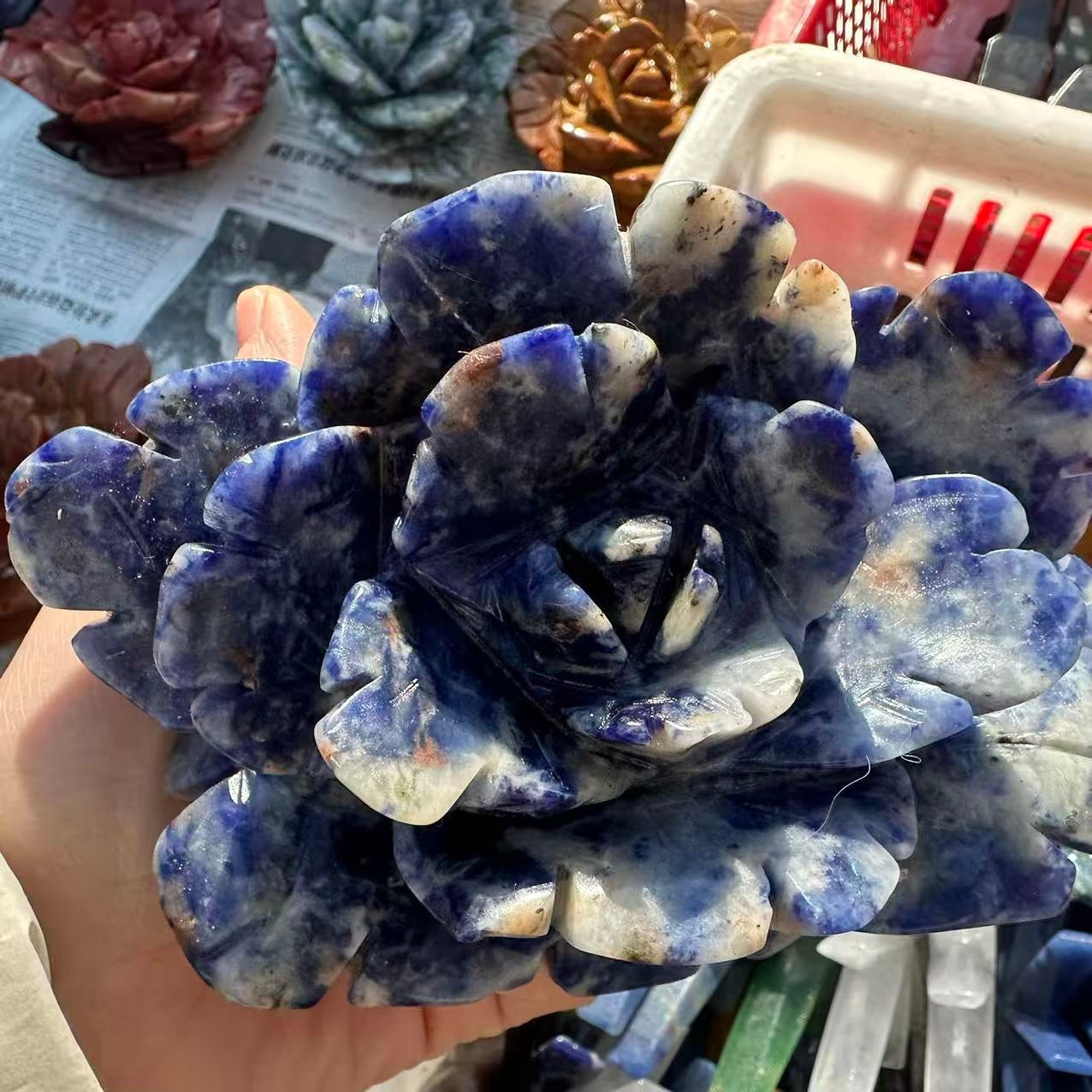 1pc Natural Sodalite Quartz Carved Flower Skull Crystal Reiki Decor Gift