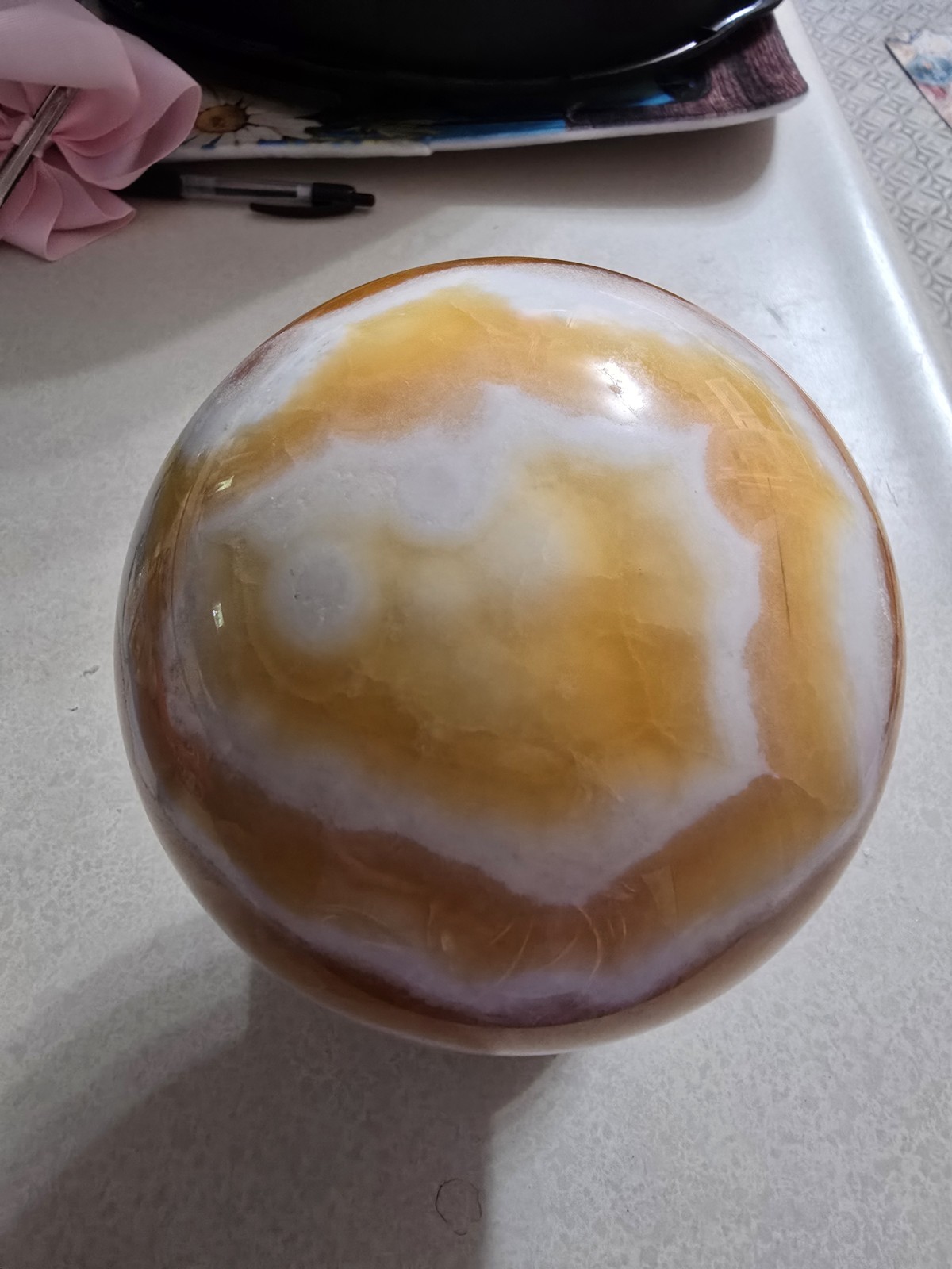 Orange Banded Calcite Polished Sphere Display, 4.47 in & 5.5 lbs W/Stand.