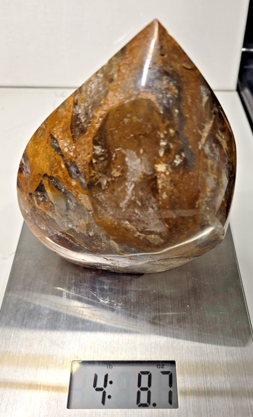 4LB 6″ High-Grade AAA Golden Healer with Smoky Quartz Crystal Flame Free-form
