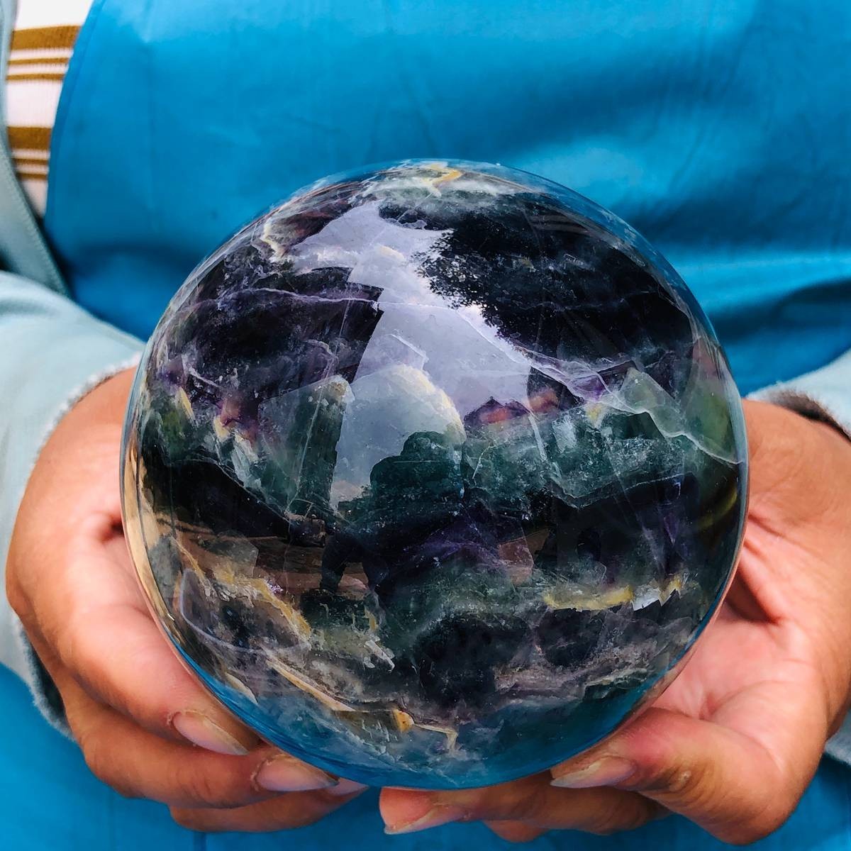 3.74LB Natural Crystal Rainbow Fluorite Sphere Display Ball Reiki Healing