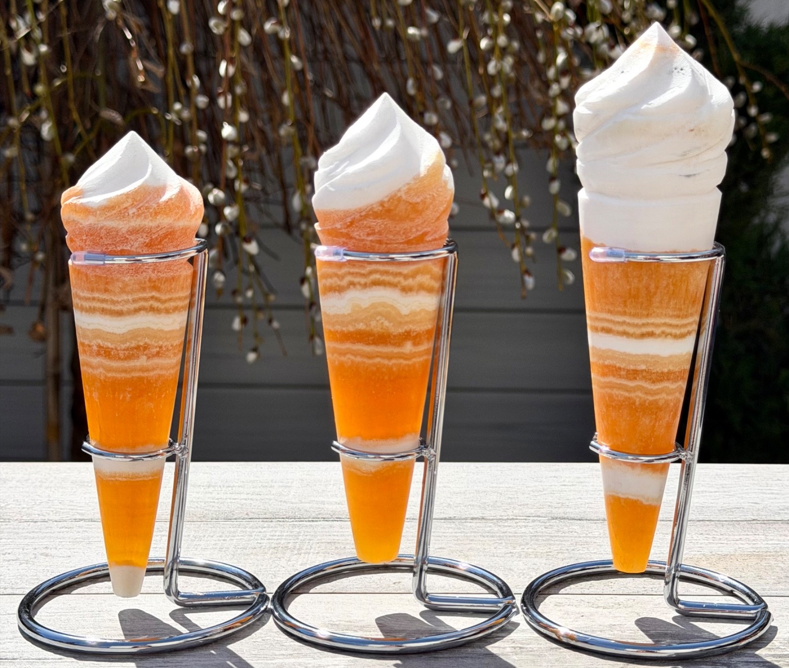 Wholesale 3-4 Pcs Natural Orange Calcite Ice Cream Cone With Rhodium Metal stand