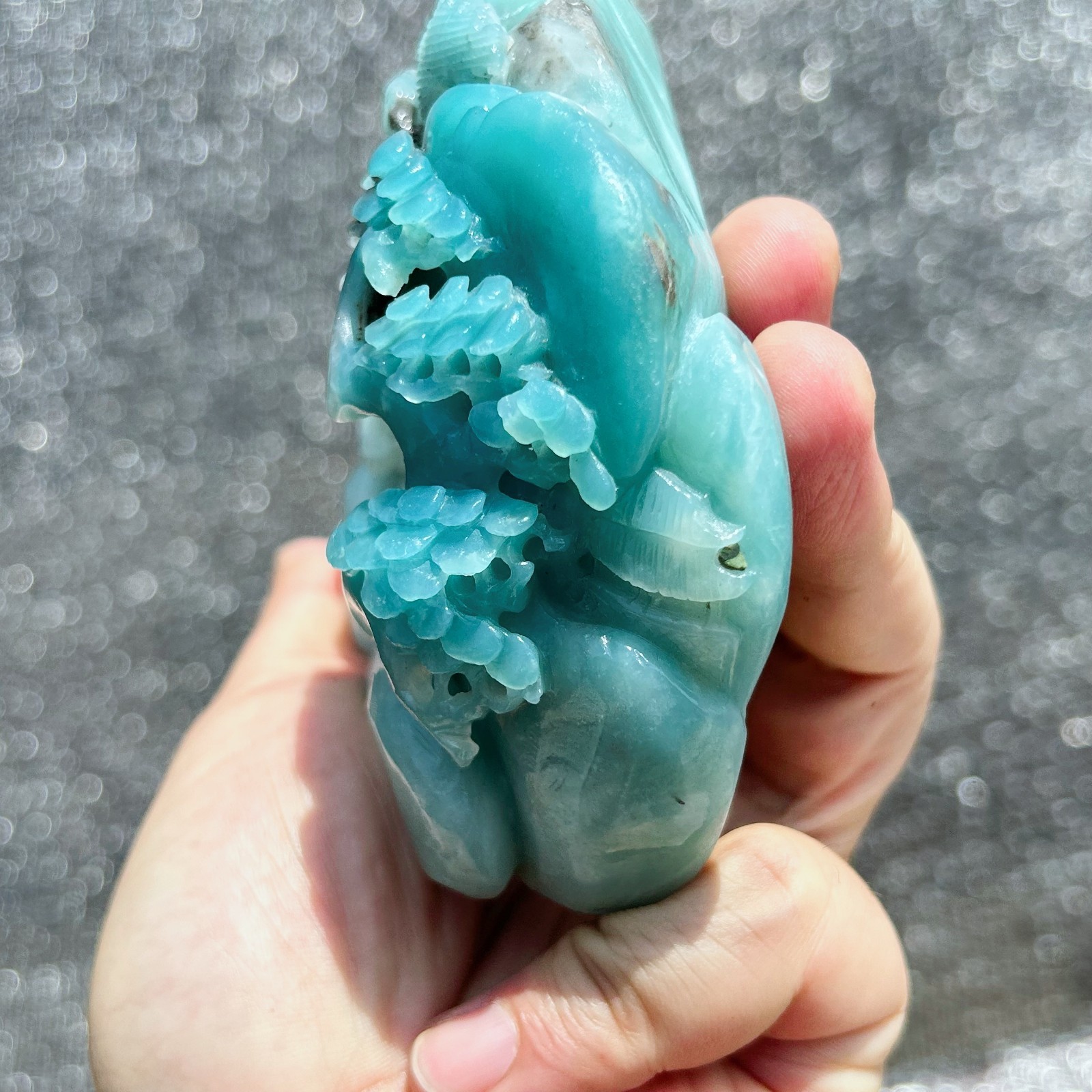 2.06LB Natural Amazonite Quartz Crystal Hand-Carved Mountain Scenery Sculpture