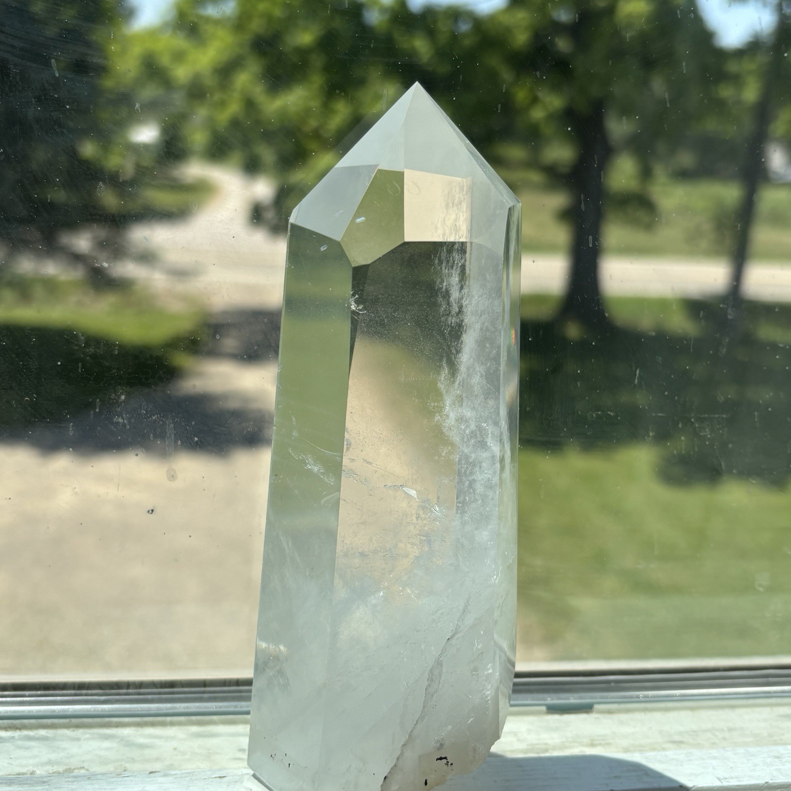 Natural Clear Quartz Crystal Point Tower Blue Needle Feather Inclusion Large