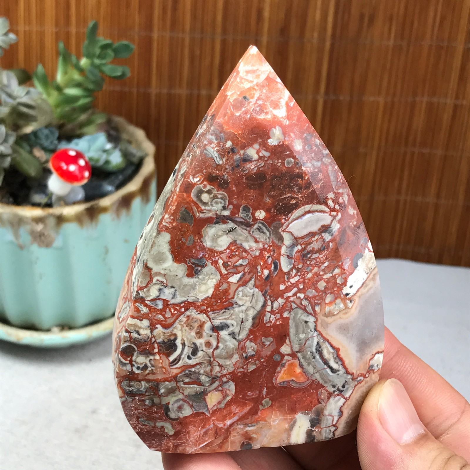 Natural money Mexico agate hand carve leaf Crystal Specimen free standing A6257
