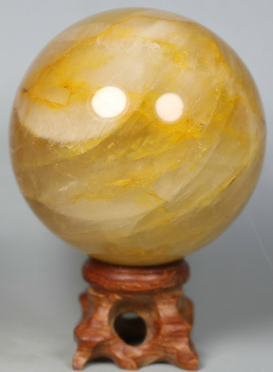 NATURAL Yellow PHANTOM MULTI-INCLUSIONS Quartz Crystal Stone Sphere Ball / Stand