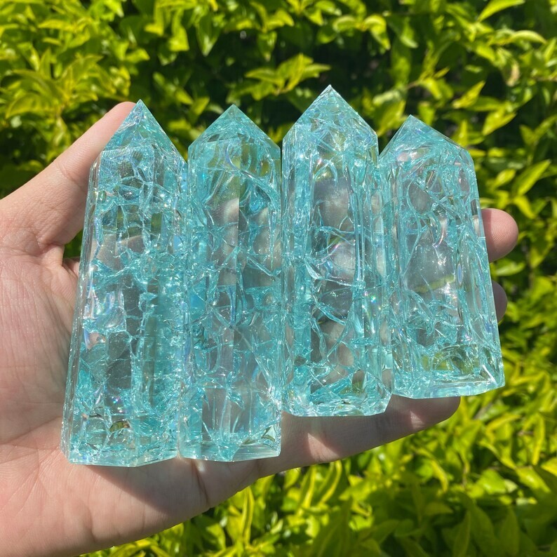 Polished Blue Crackle Quartz Tower Point Obelisk Healing Crystal Minerals Decor