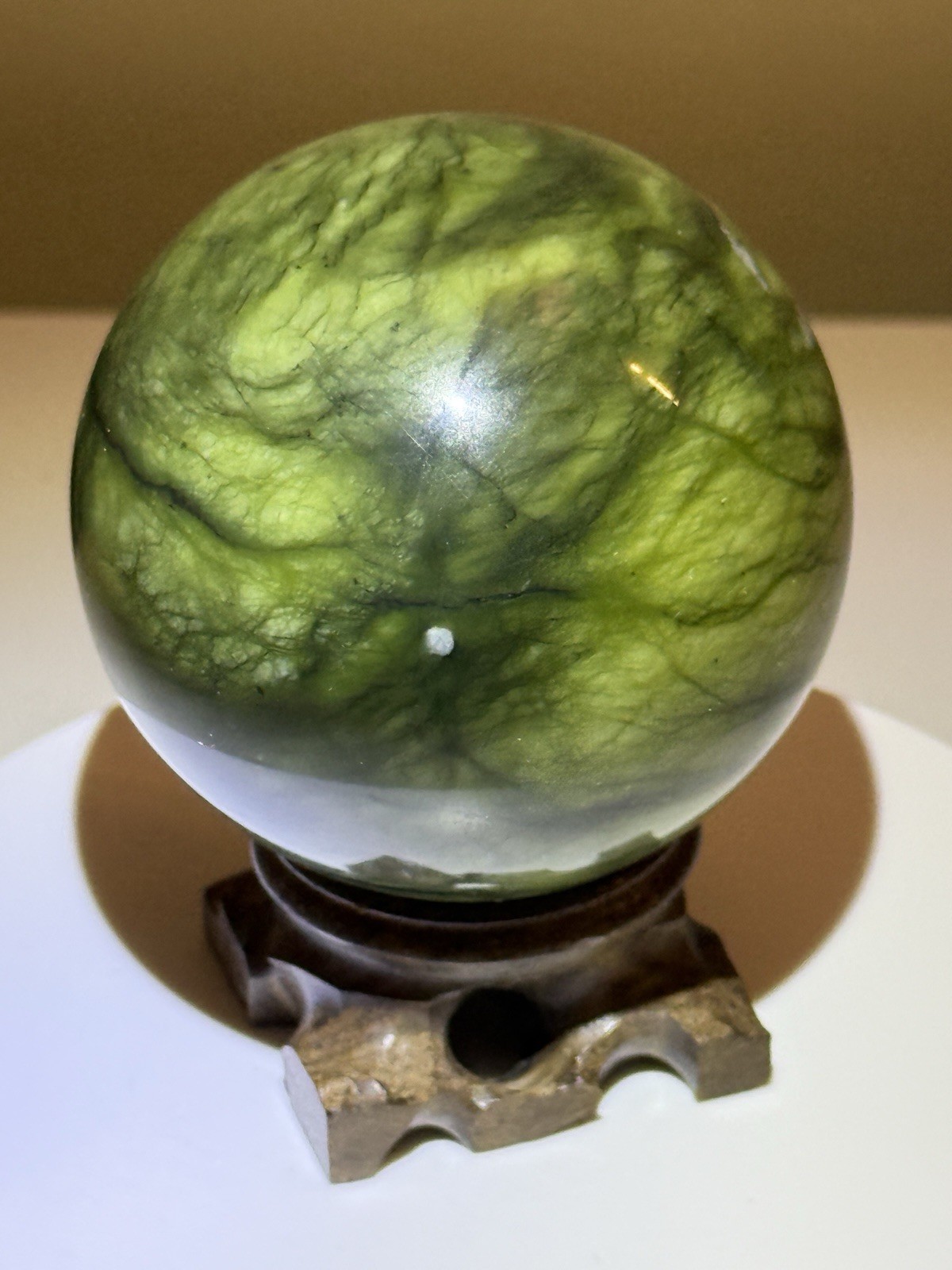 STUNNING Polished Nephrite Jade Sphere w/ Wooden Stand