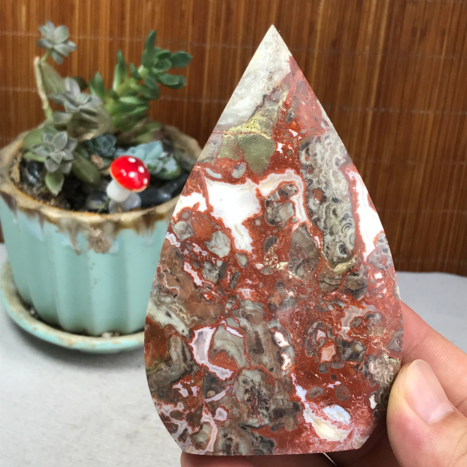 Natural money Mexico agate hand carve leaf Crystal Specimen free standing A6255