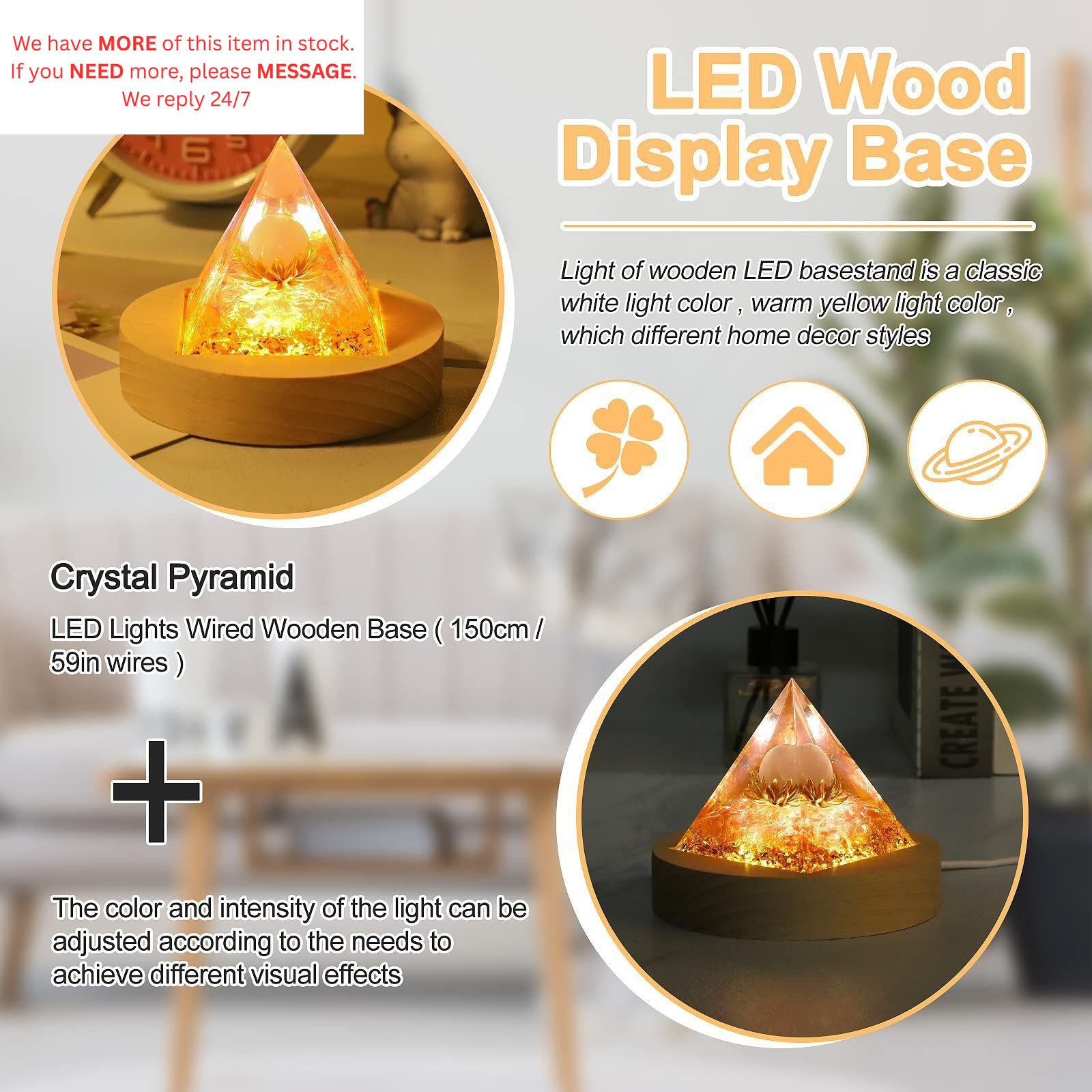 LED Light Base for Orgone Pyramid, 3 Color Adjustable Switch Wood
