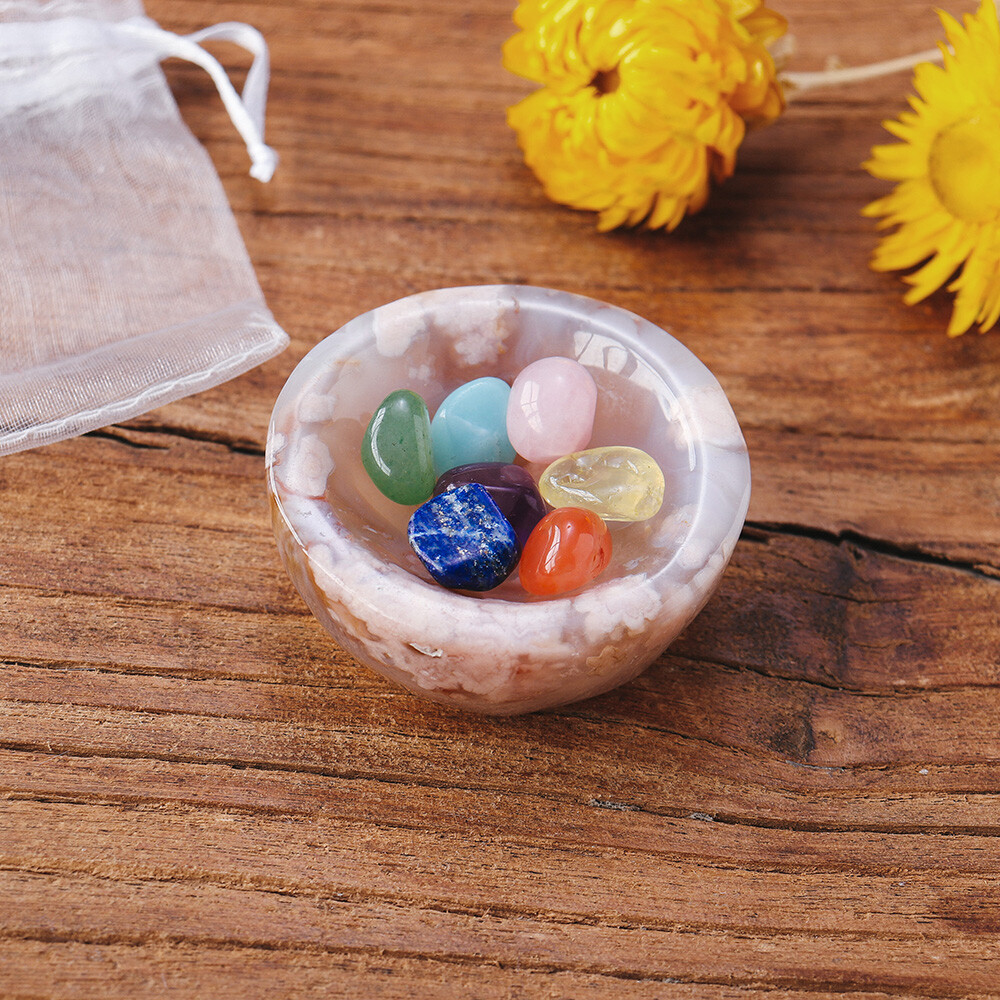 Mini Tumbled Chakra Stone Sakura Agate Bowl Cherry Blosson Stone With Wood Box