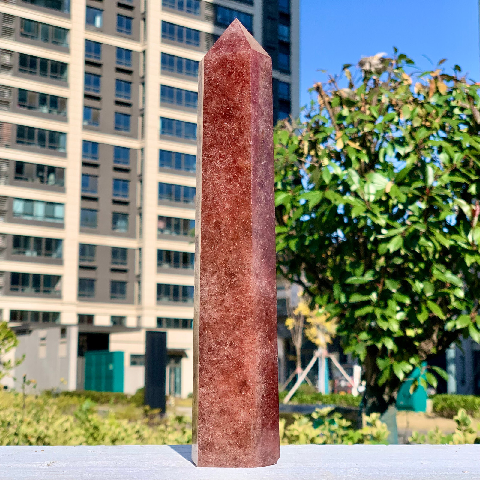 2.02LB Natural Large Strawberry Quartz Crystal Tower Point Obelisk Red Chakras