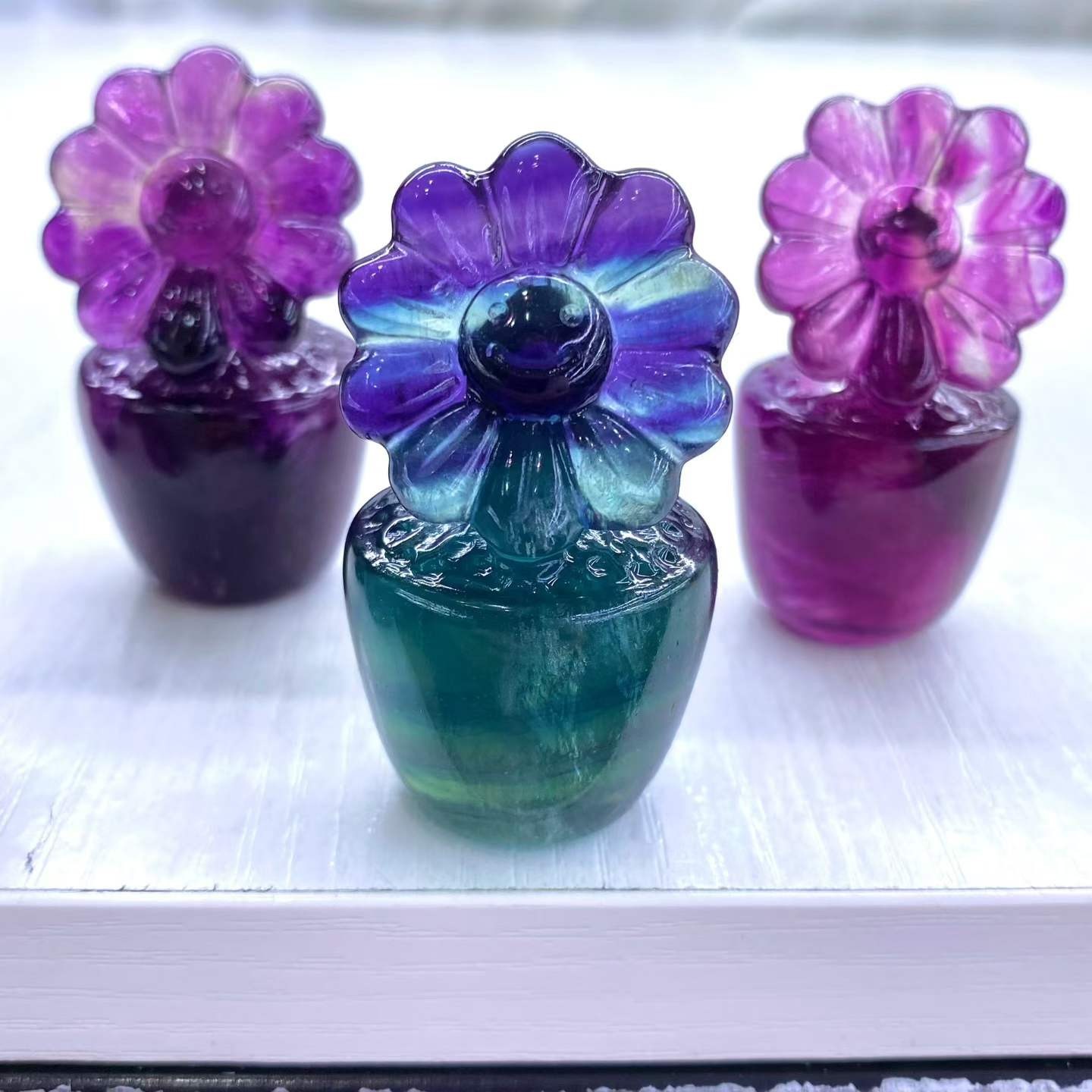 1pc Natural Color Fluorite Quartz Carved Flower Skull Crystal Reiki Decor