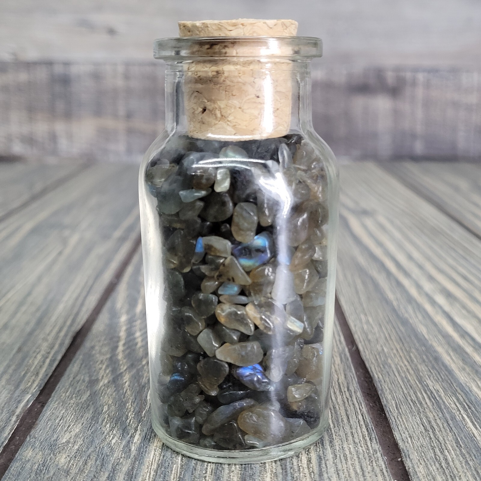 Labradorite 1/4lb Tumbled Crystal Chips in Vintage Apothecary Glass Jar Wagner