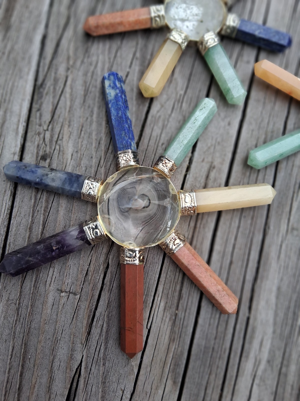 7 Chakra Stones w. Energy Focusing Center Crystal Cone Silver Band Set Of 3