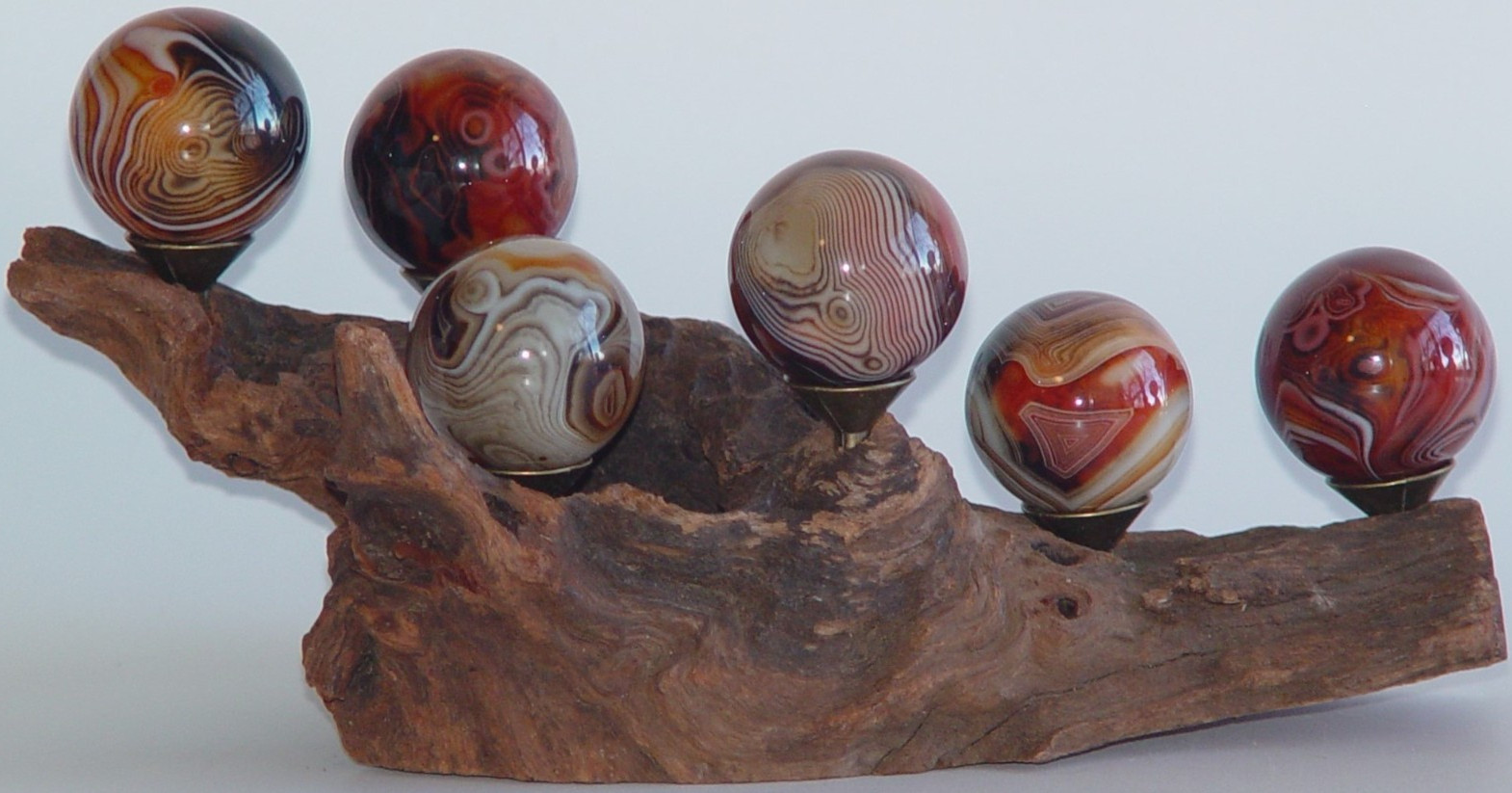 Sardonyx Agate Sphere Display on Natural Driftwood Stand 6pc Crystal Collection