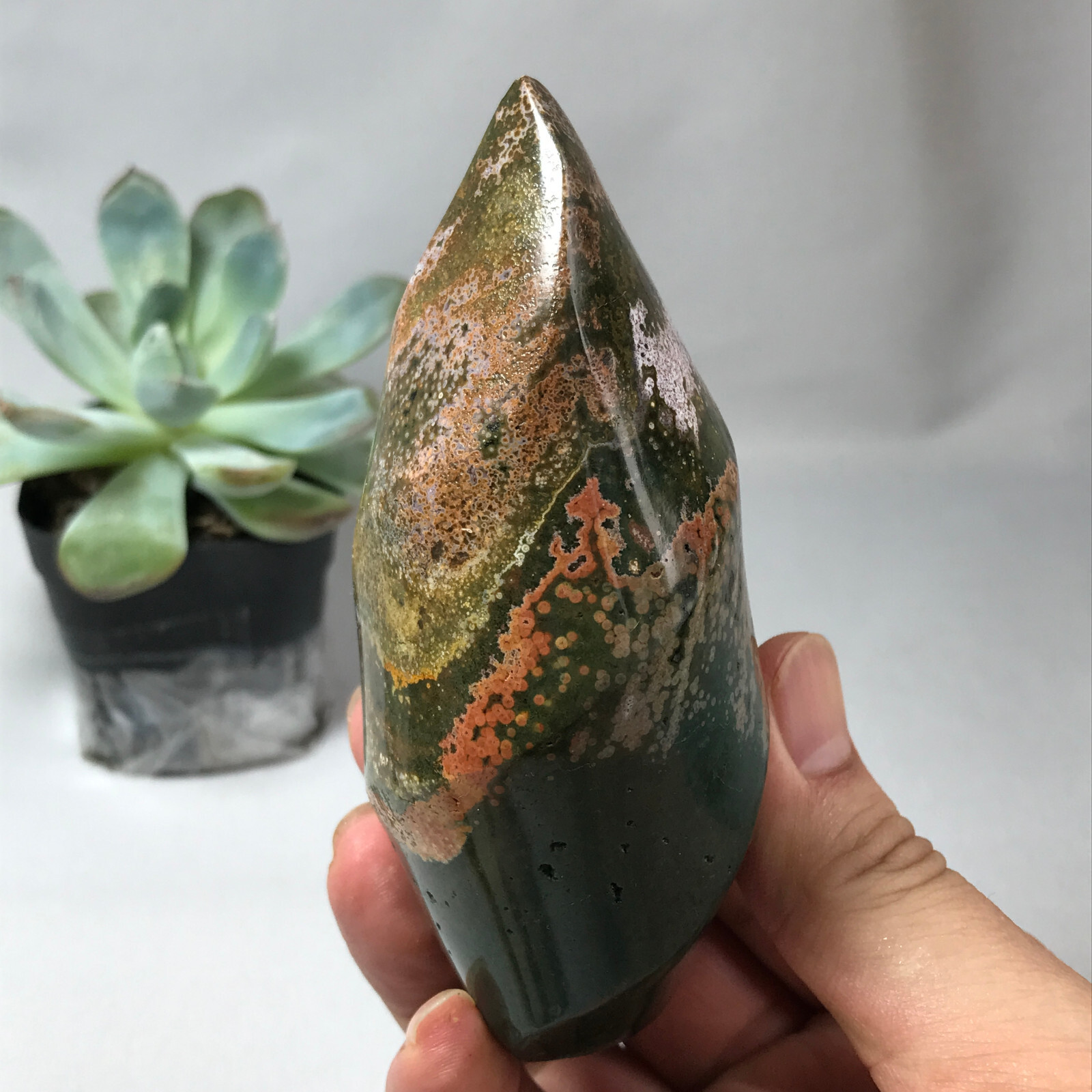 Natural Ocean Jasper torch Hand carve polish Crystal free standing 362g g6632