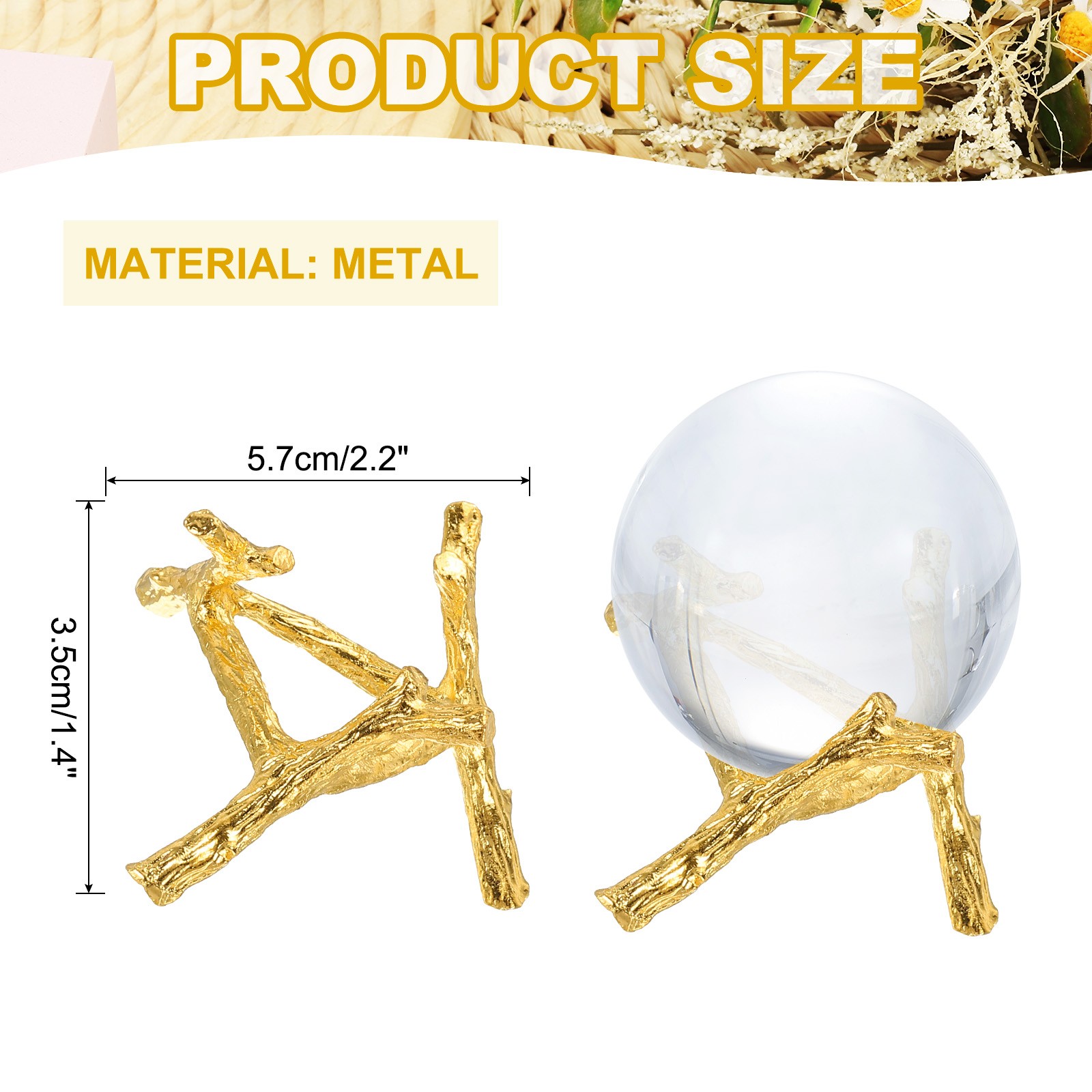 2.2″ Dia Metal Crystal Sphere Holder Crystal Ball Tripod Stand Gold