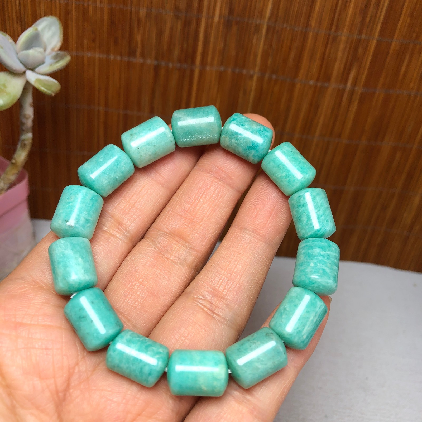 Natural amazon stone Bracelet Brown Gemstone Stretch Bucket bead Handmade A3700