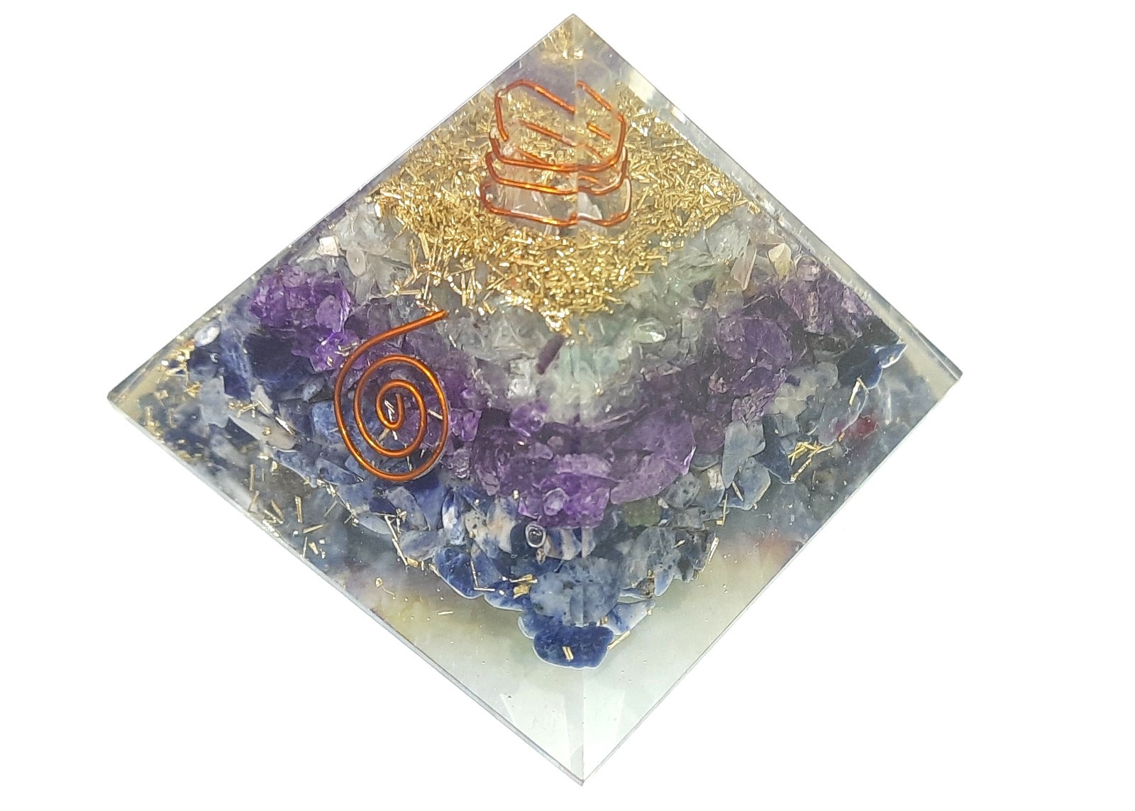SODALITE AMETHYST FLOURITE AND CRYSTAL 75MM ORGONE PYRAMID FOR FOCUS AND STUDY