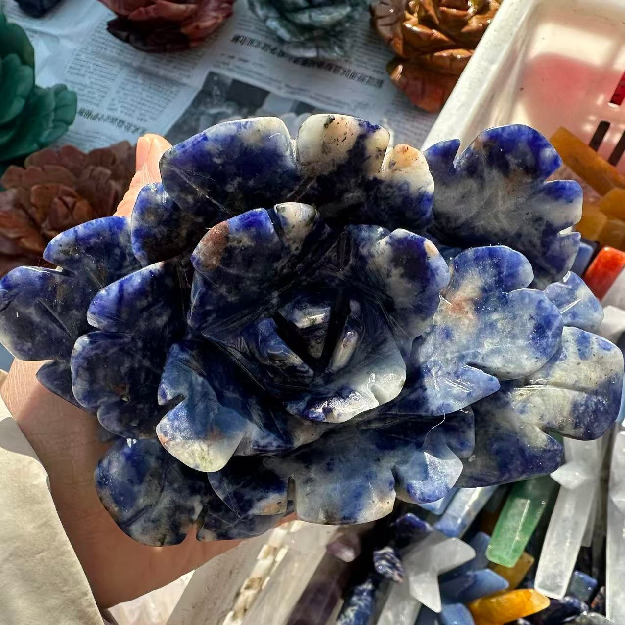 1pc Natural Sodalite Quartz Carved Flower Skull Crystal Reiki Decor Gift
