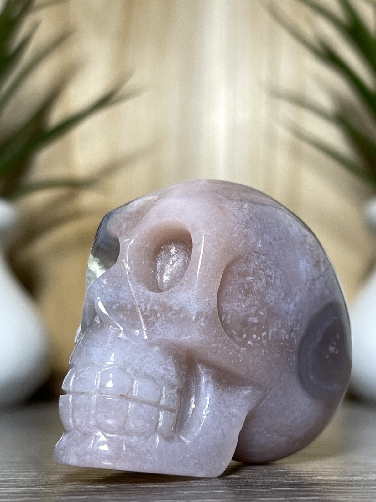 FLOWER AGATE SKULL – Mineral Carving Pink Purple Chakra Crystal Statue Decor