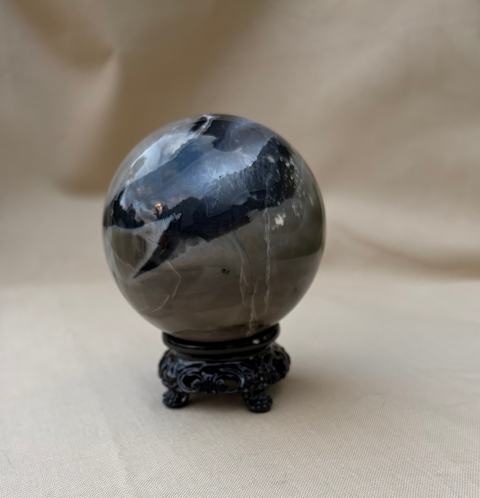 Natural Black Gray Banded Stone Sphere Orb 60mm 9.8oz w/ Display Stand