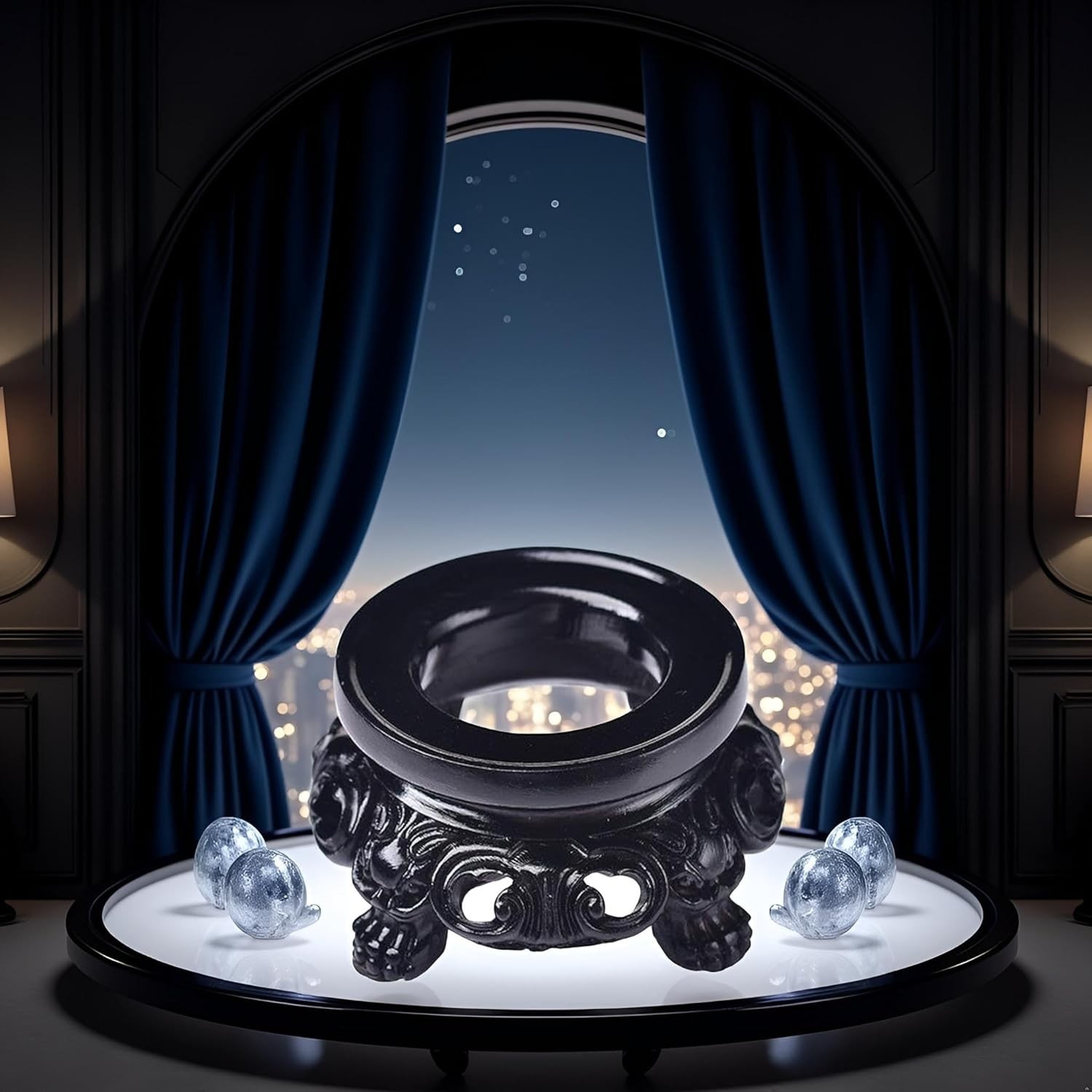 Black Wooden Display Stand for Crystal Sphere Quartz Ball Holder Hollow Wood Sta