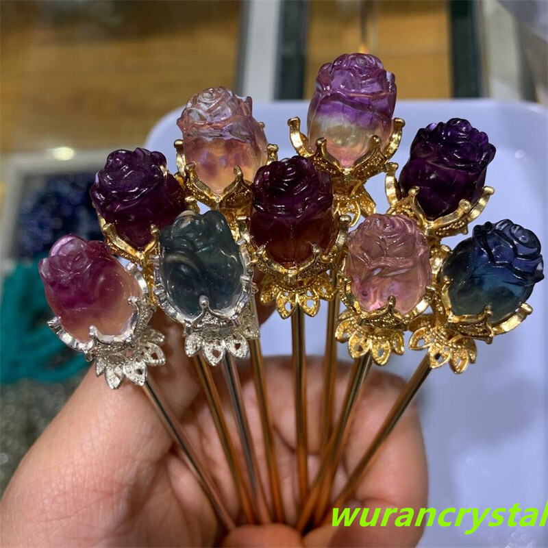 5pc Natural fluorite Rose flower skull carving quartz crystal Reiki healing