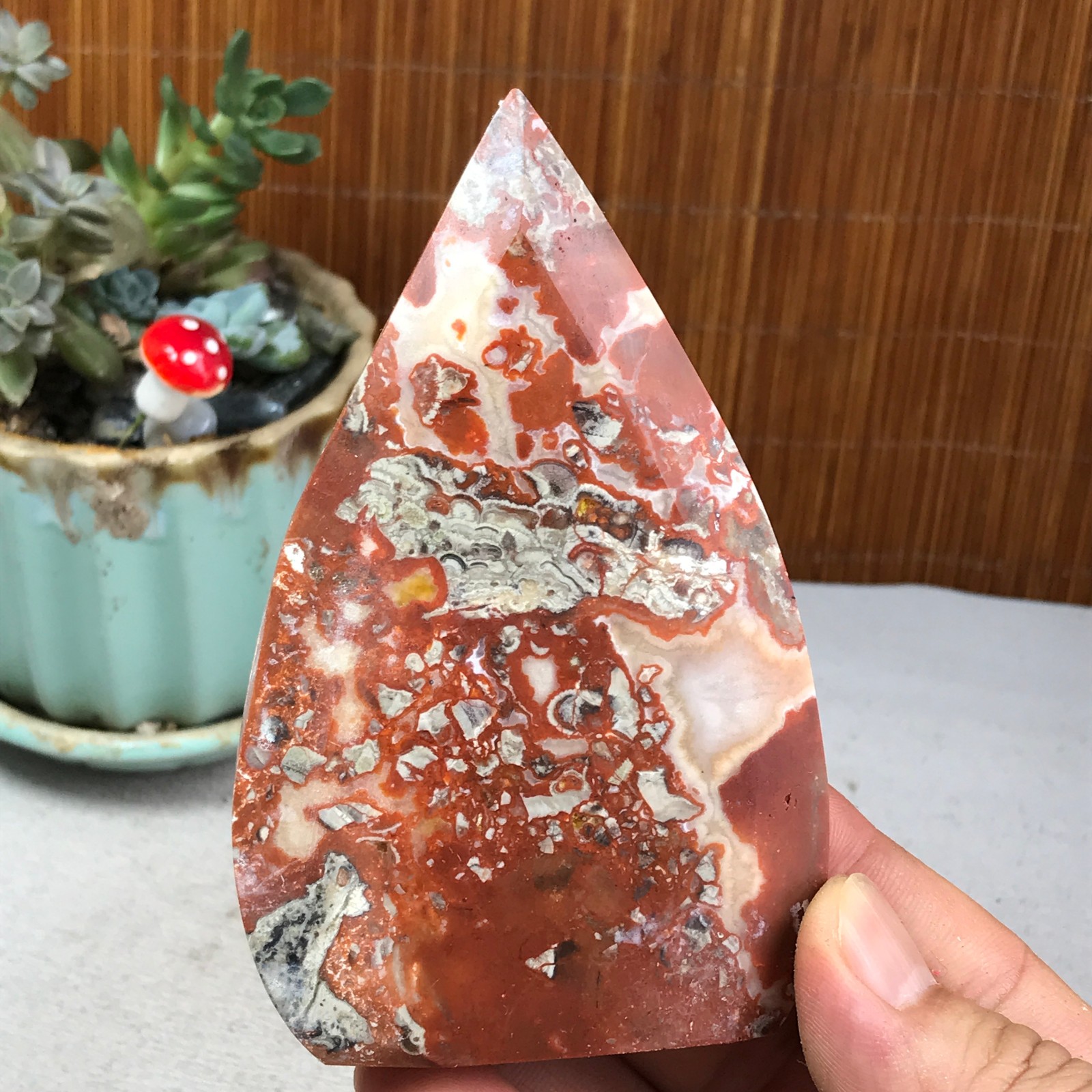 Natural money Mexico agate hand carve leaf Crystal Specimen free standing A6259