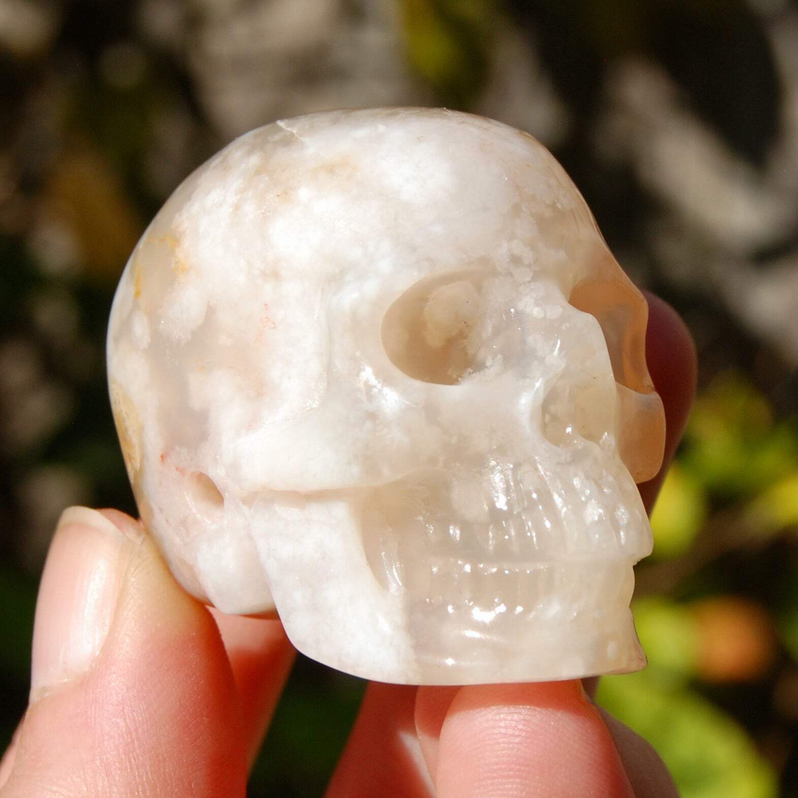 2in Sakura Flower Agate Carved Crystal Skull, Realistic Gemstone Carving