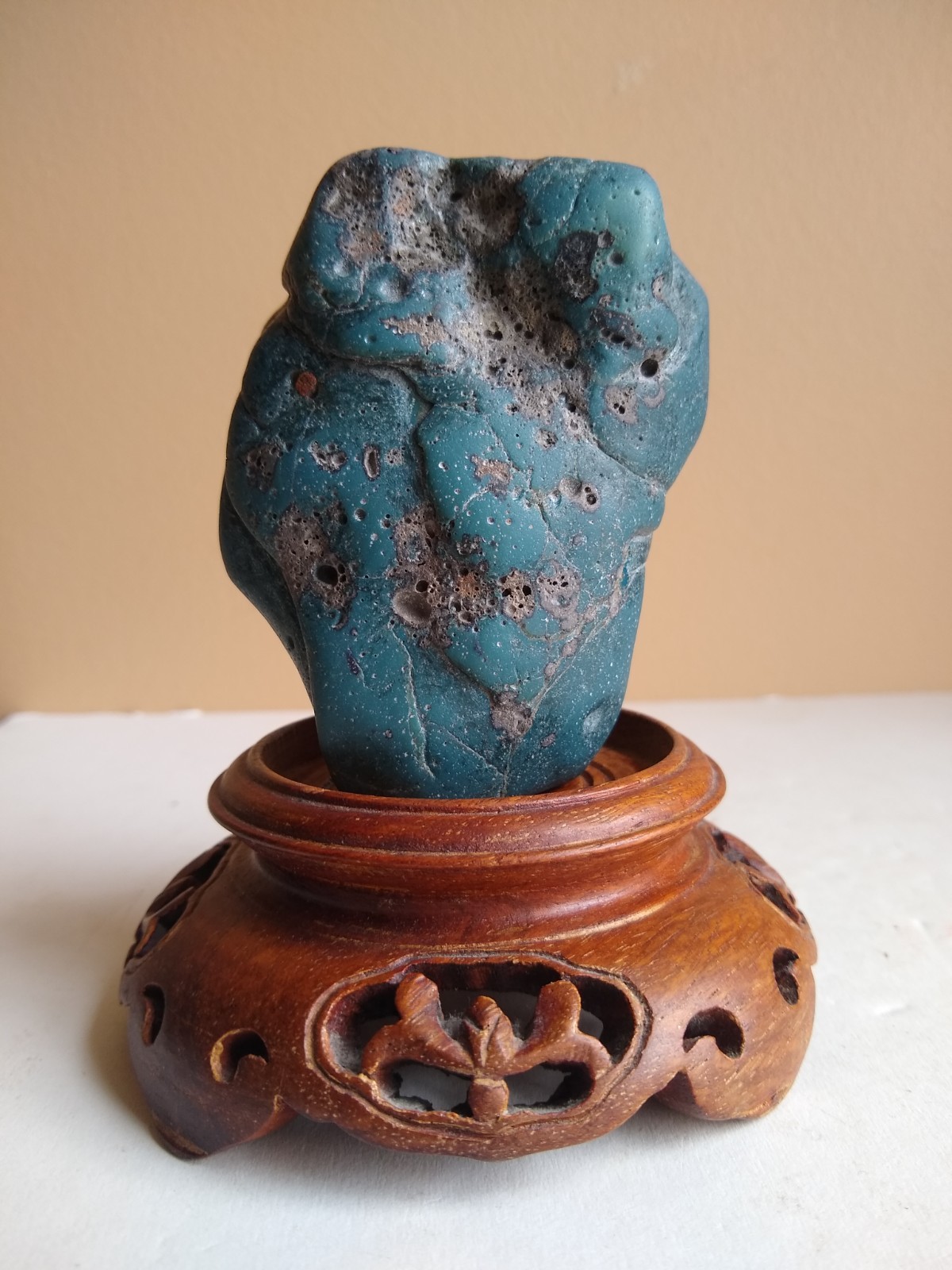 Large Michigan Leland Slag Glass Blue Scholar Stone w/ Base. Exceptional & Rare.