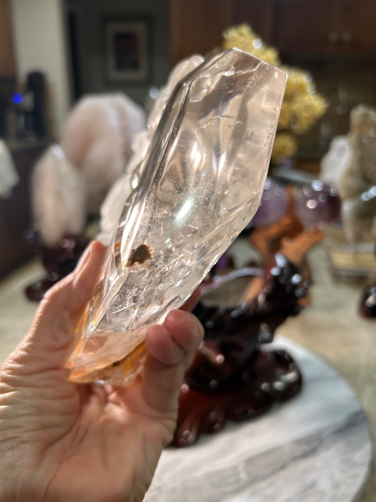 Clear Quartz healer nine 9 tail FOX carving on custom wood stand large