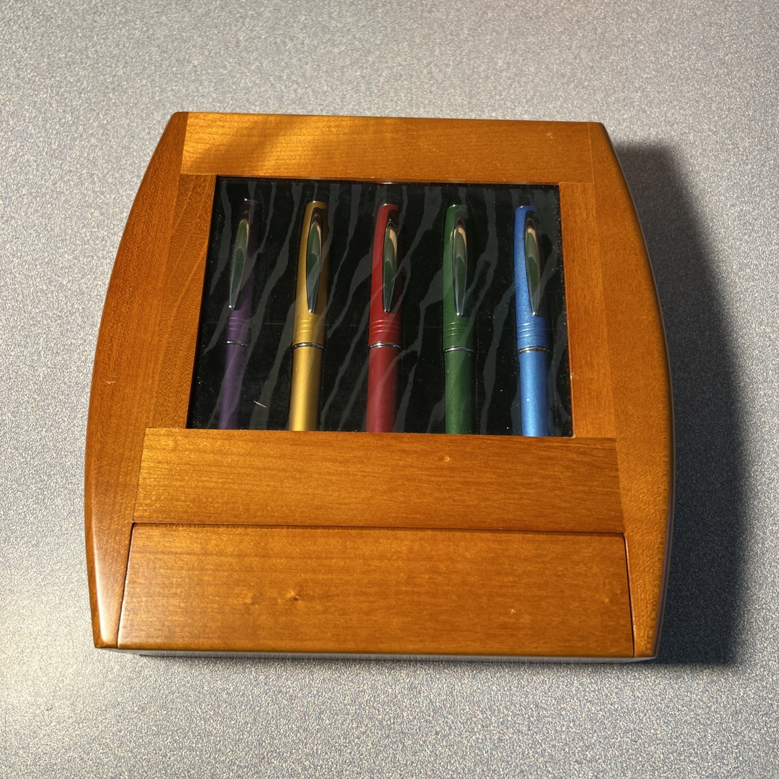 Vintage JCFTECH 5 Metallic Ball Point Pen In Solid Cherry Wood Easel Box