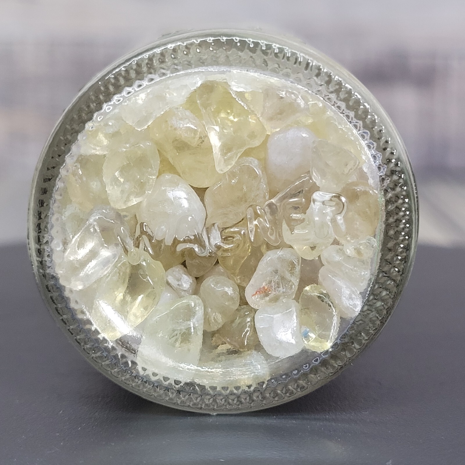 4 oz Citrine Crystal Chip Tumbles in Vintage Apothecary Glass Jar Wagner w/ Cork