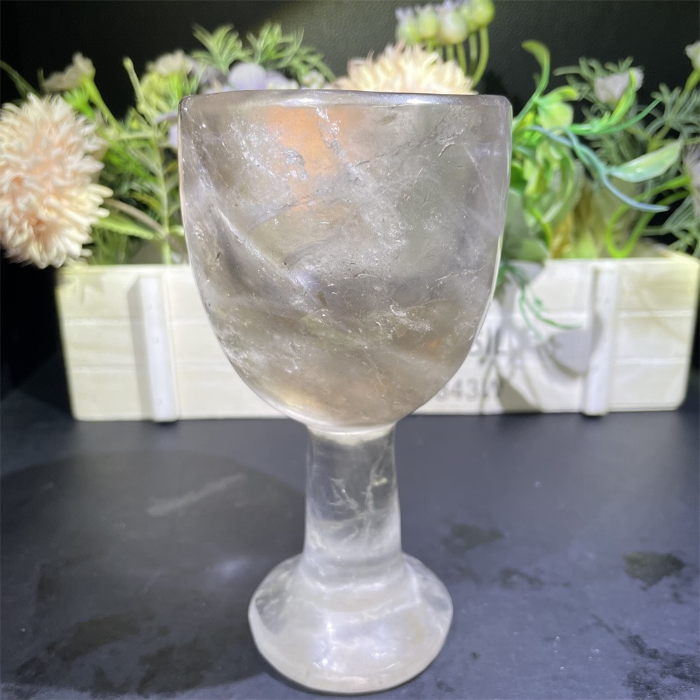 1.4LB 5.9″Natural Smoky Quartz Wine Glass Crystal Reiki Heal Carving Gift Decor