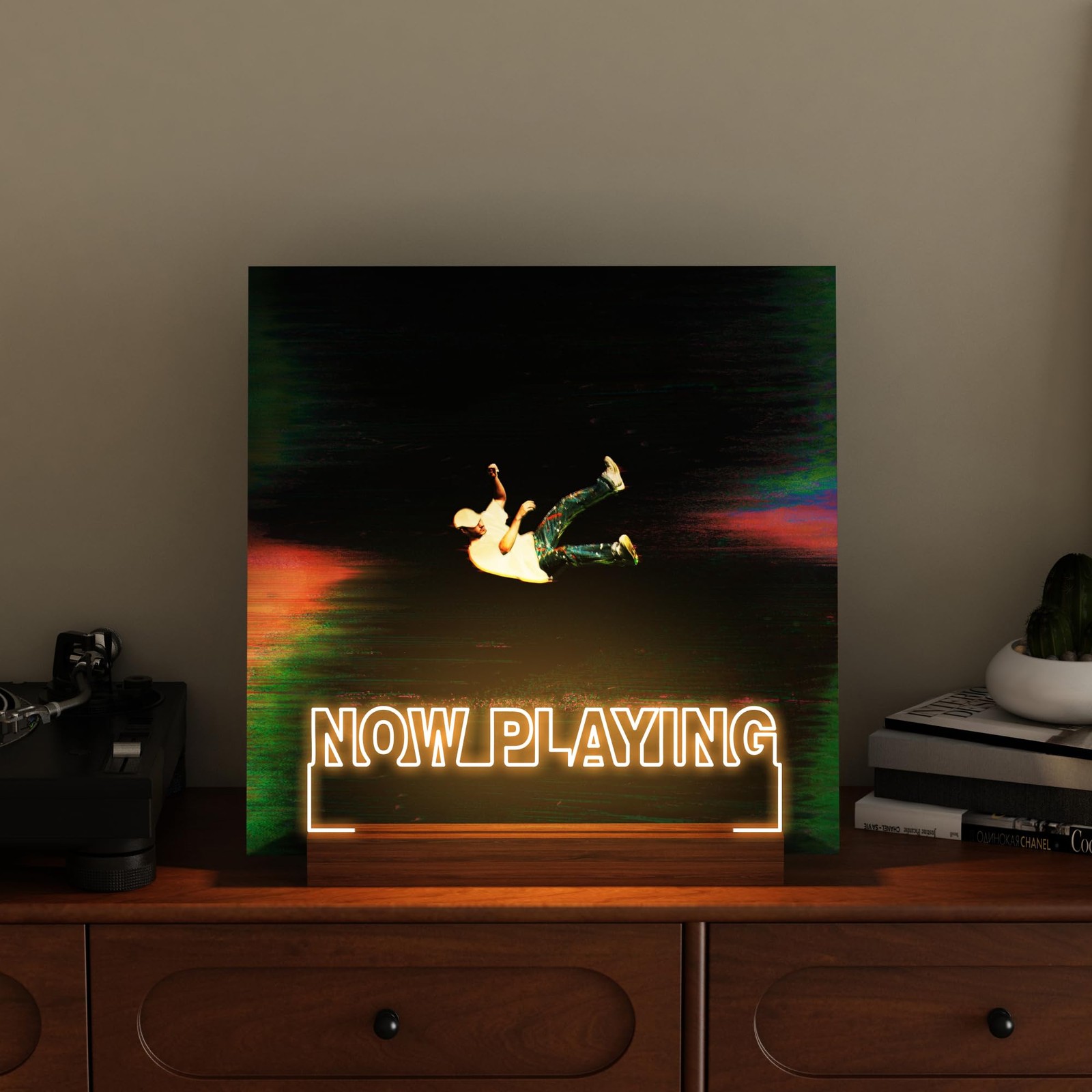 Vinyl Record Stand with LED Lights, Wooden Display for Albums and Room Decor