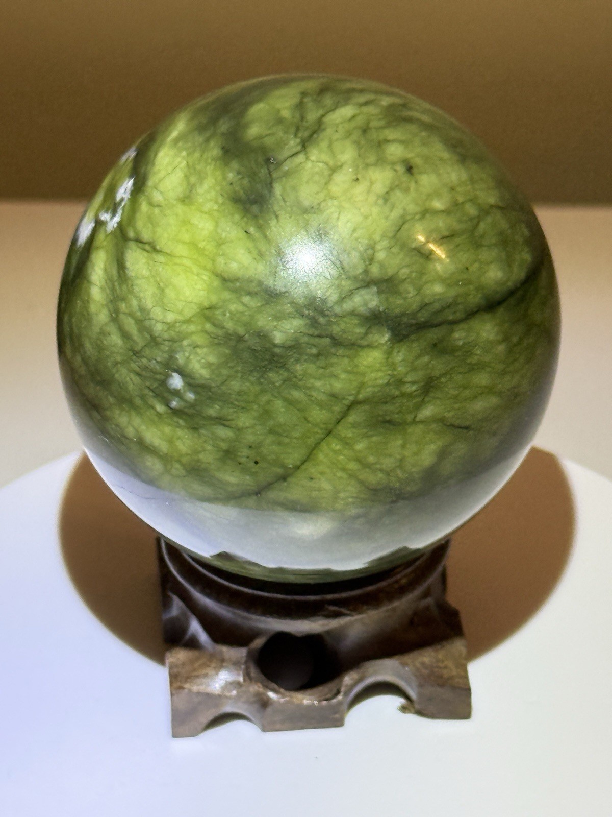 STUNNING Polished Nephrite Jade Sphere w/ Wooden Stand