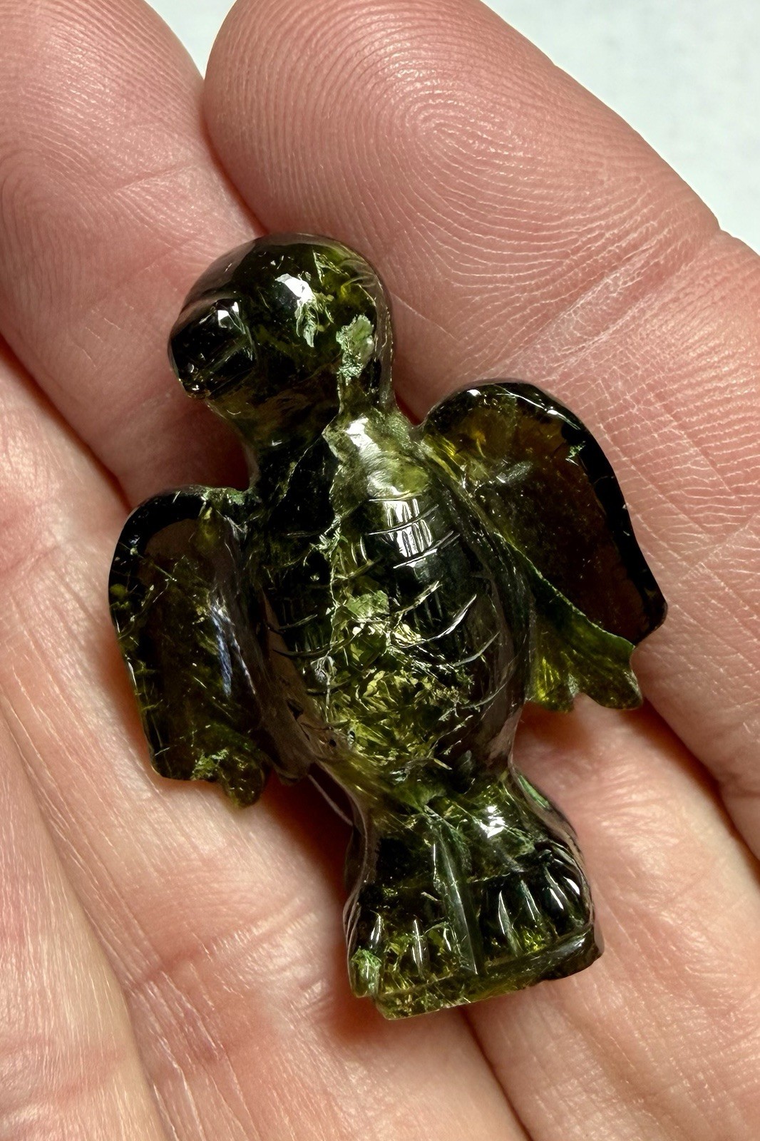 Cool Bird Carving In Beautiful Moldavite 56.9 Cts