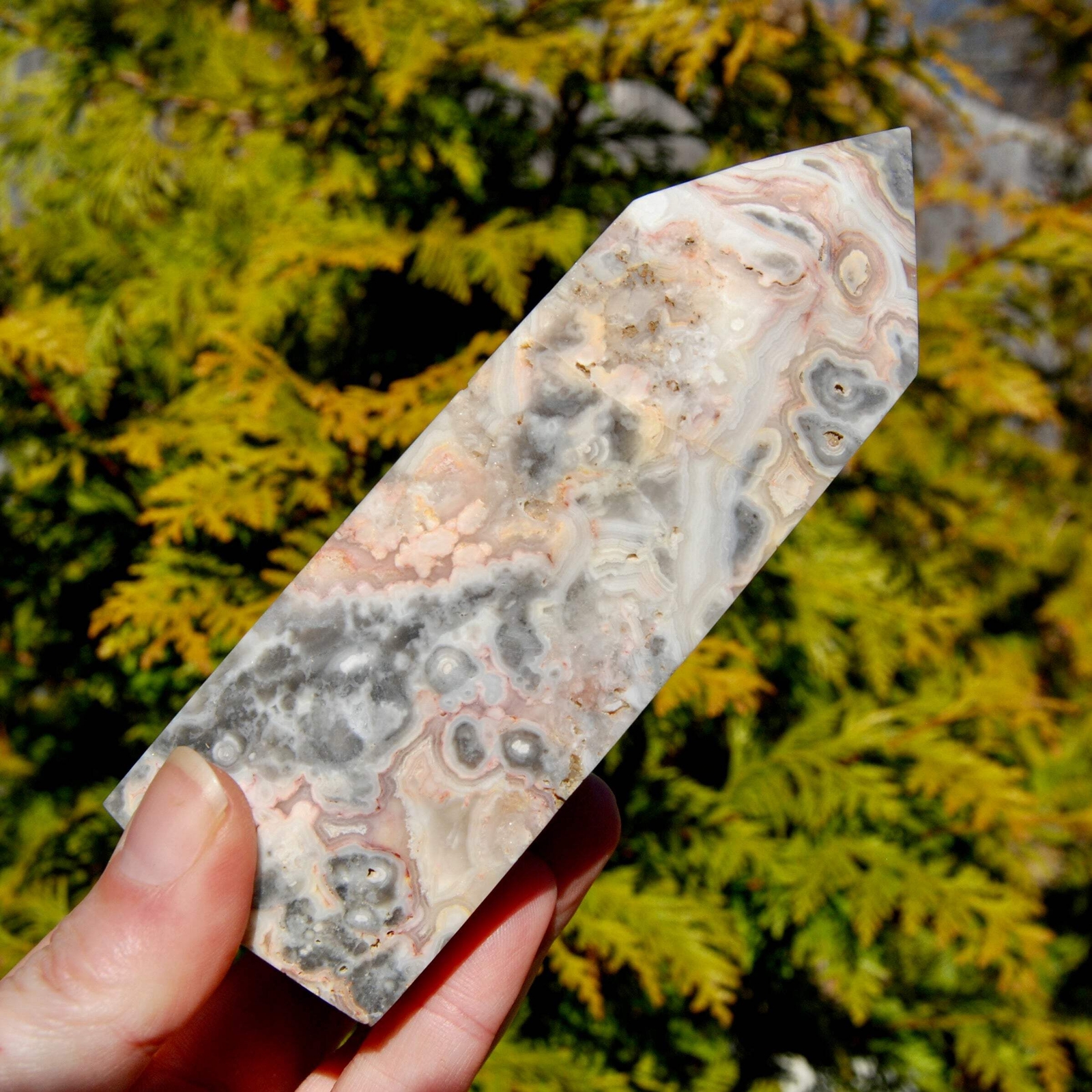 5.25in 1.2lb Pink Crazy Lace Agate Crystal Tower, Mexico
