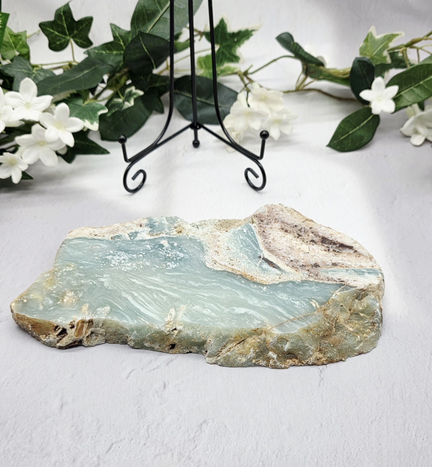 Caribbean Calcite Slab w Metal Stand Natural Blue Calcite Display 2 lb 8 oz