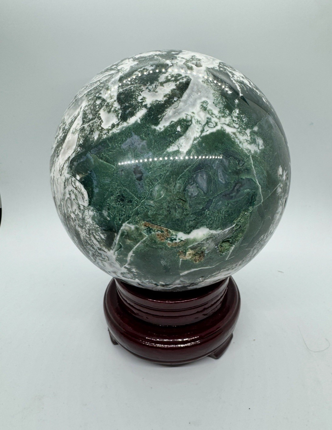 11 pound Polished Moss Agate Green White Crystal Sphere with Wooden Stand