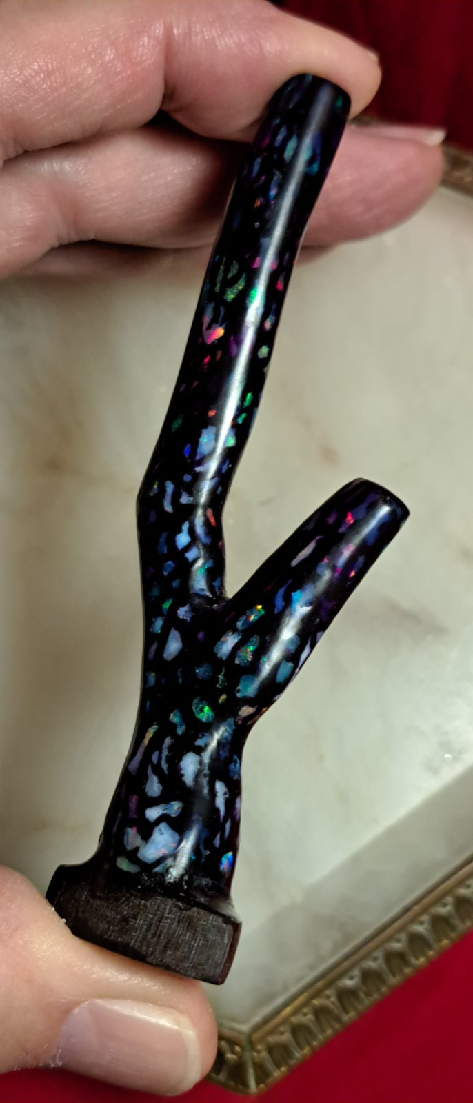 Huge Multicolor Indonesian Wood Opal Fossil Inlaid Mosaic Branch Stands Up